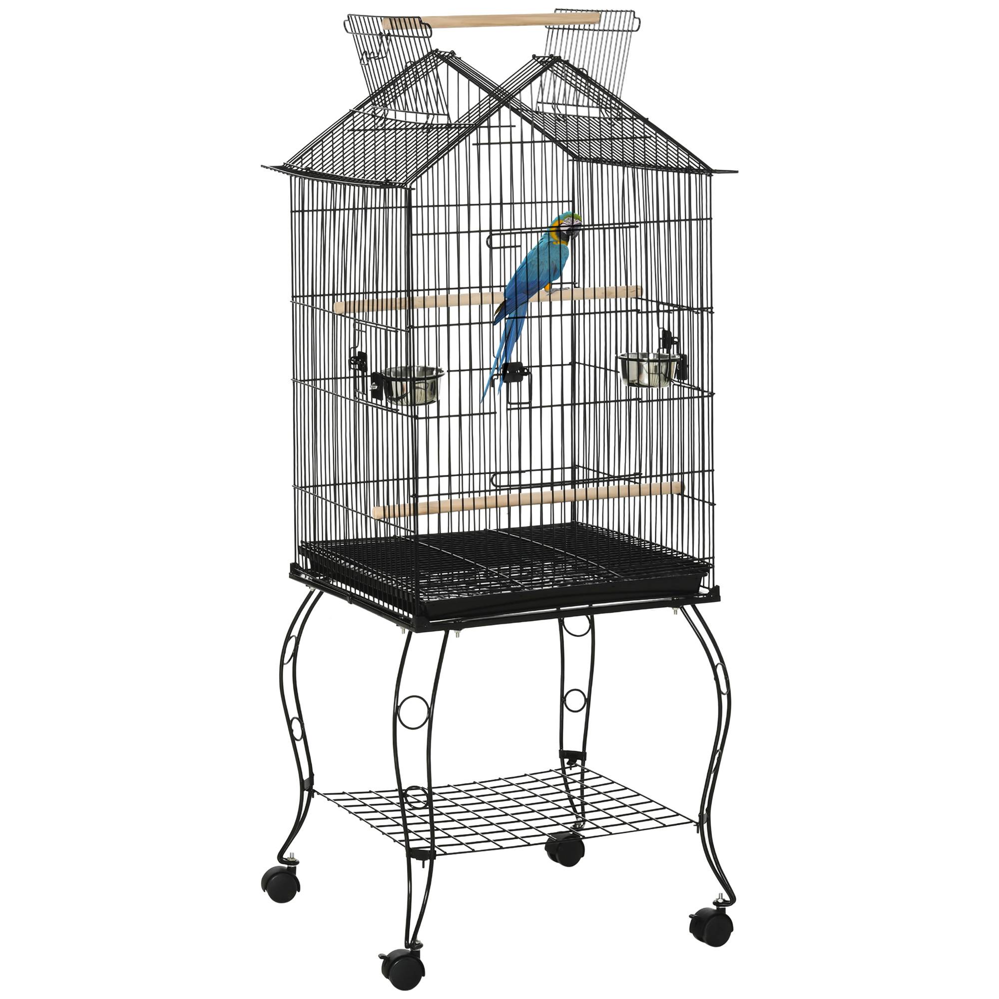 Pawhut - Cage à oiseaux sur pied volière avec 2 mangeoires perchoirs plateau amovible poignée et roulettes - 50 x 58 x 137-145 cm noir - Image 1