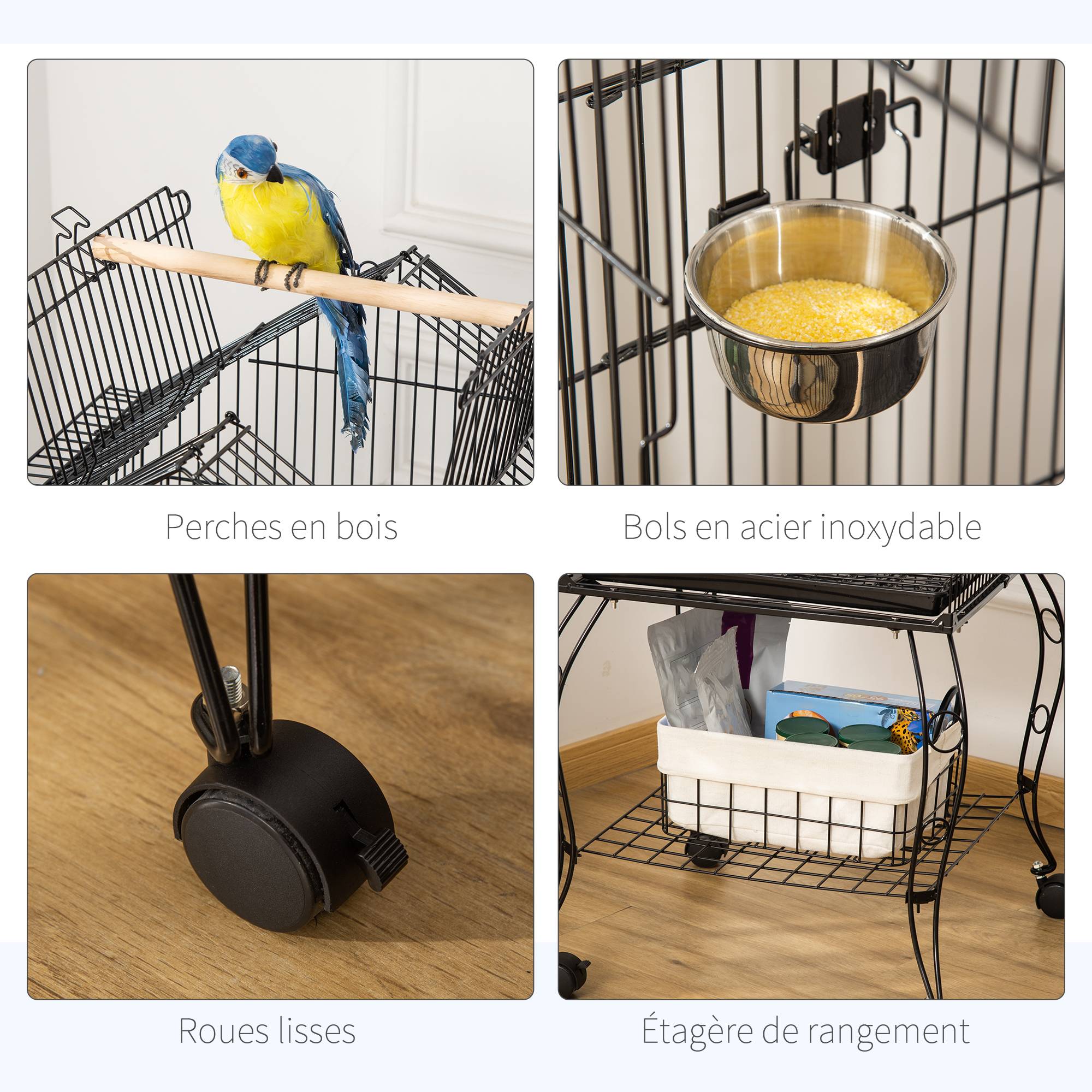 Pawhut - Cage à oiseaux sur pied volière avec 2 mangeoires perchoirs plateau amovible poignée et roulettes - 50 x 58 x 137-145 cm noir - Image 5