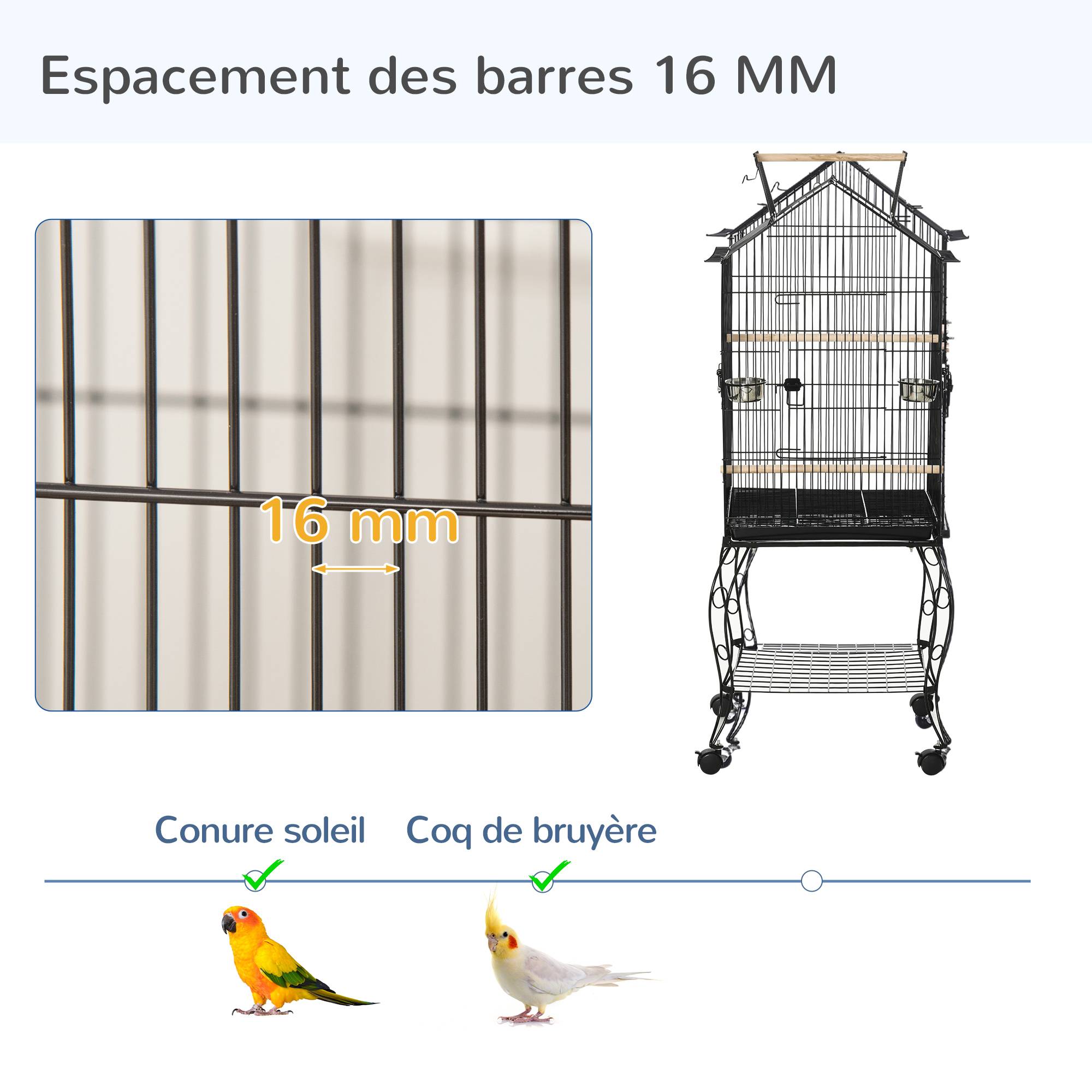 Pawhut - Cage à oiseaux sur pied volière avec 2 mangeoires perchoirs plateau amovible poignée et roulettes - 50 x 58 x 137-145 cm noir - Image 6