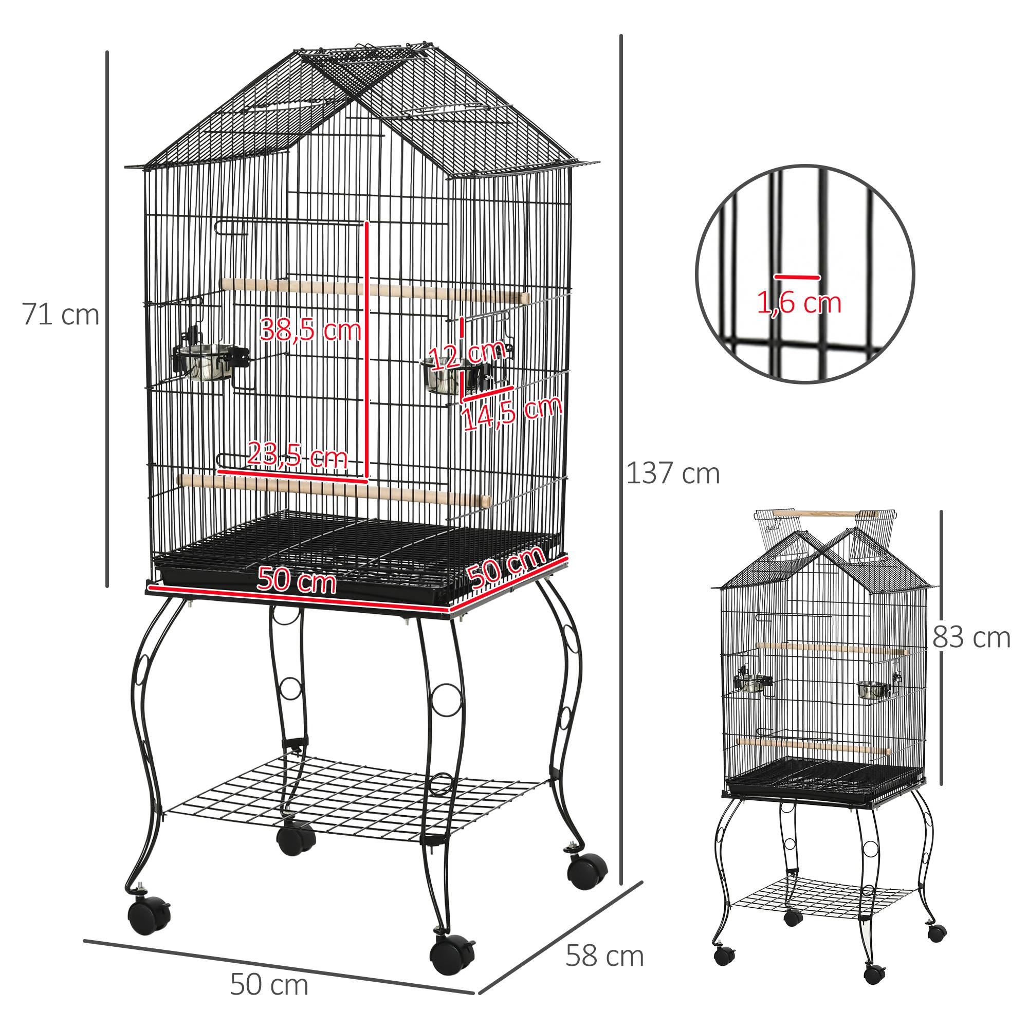 Pawhut - Cage à oiseaux sur pied volière avec 2 mangeoires perchoirs plateau amovible poignée et roulettes - 50 x 58 x 137-145 cm noir - Image 3