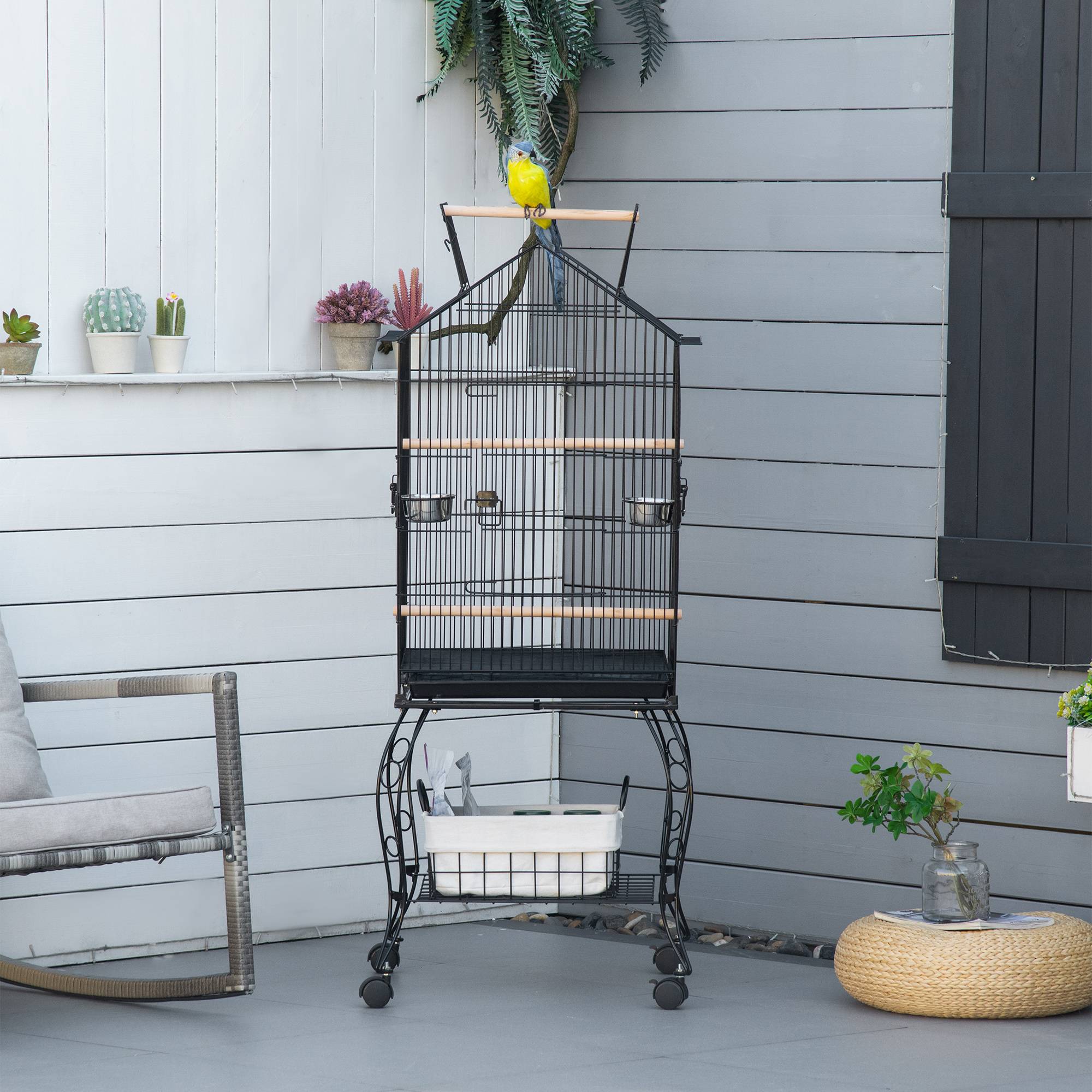 Pawhut - Cage à oiseaux sur pied volière avec 2 mangeoires perchoirs plateau amovible poignée et roulettes - 50 x 58 x 137-145 cm noir - Image 2