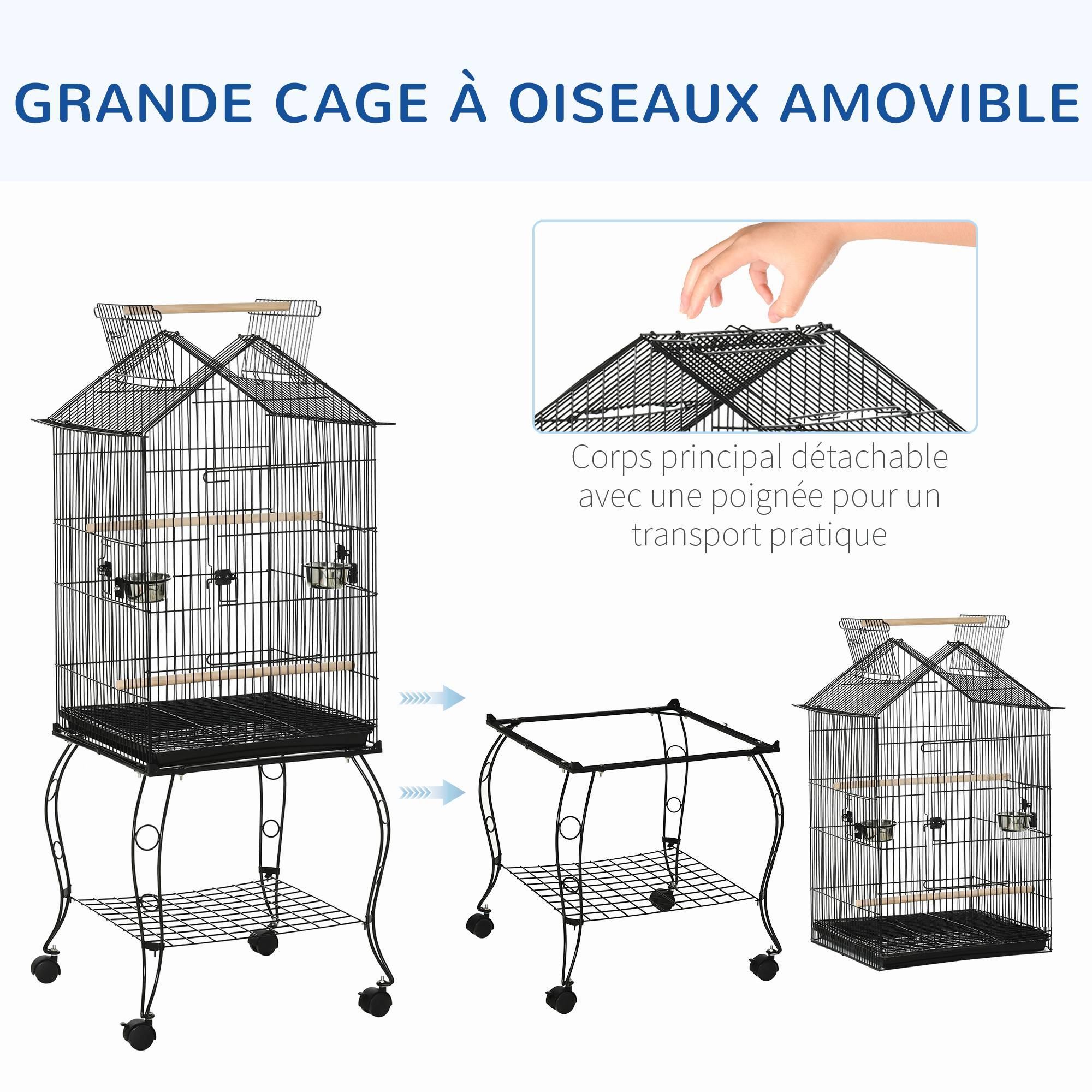 Pawhut - Cage à oiseaux sur pied volière avec 2 mangeoires perchoirs plateau amovible poignée et roulettes - 50 x 58 x 137-145 cm noir - Image 4