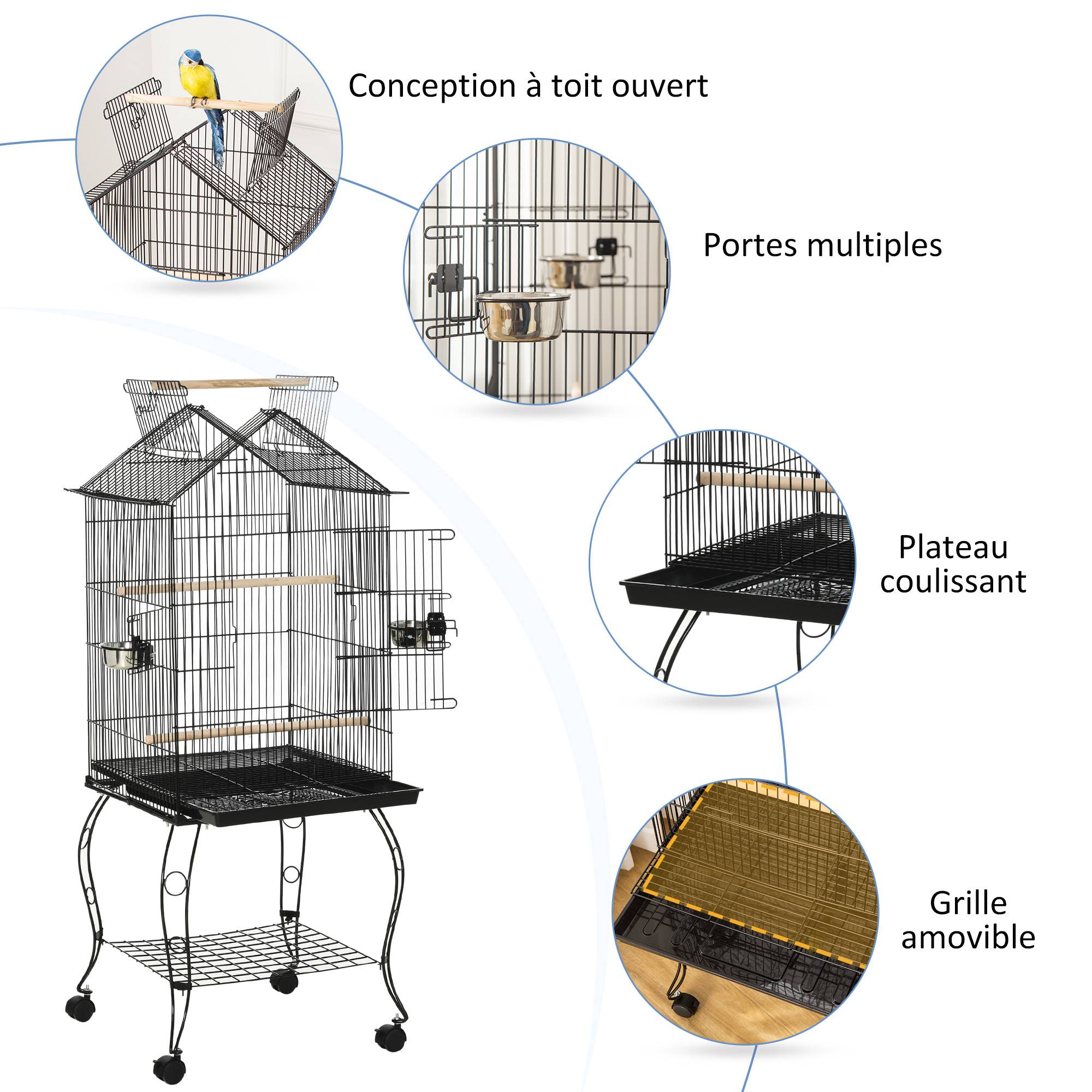 Pawhut - Cage à oiseaux sur pied volière avec 2 mangeoires perchoirs plateau amovible poignée et roulettes - 50 x 58 x 137-145 cm noir - Image 7