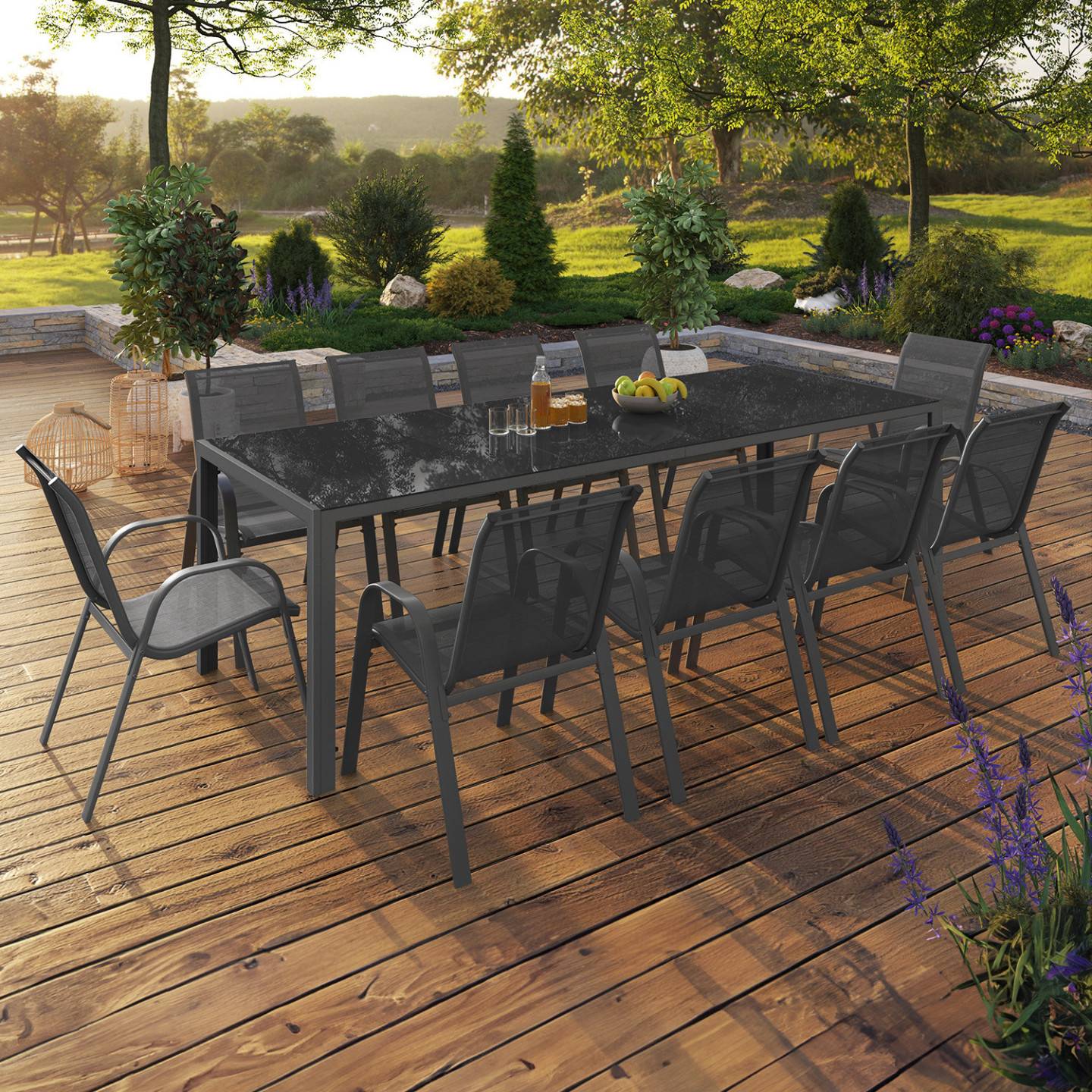 Salon de jardin MADRID table 240 CM et 10 chaises empilables gris anthracite - Image 1