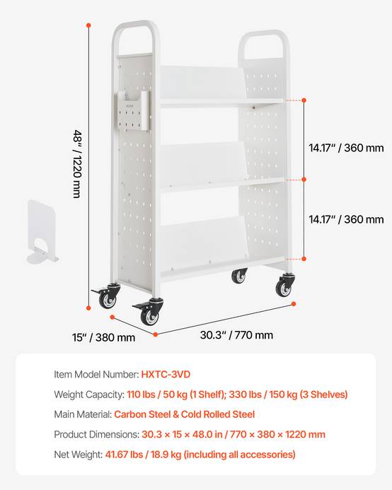 VEVOR Chariot à Livre Bibliothèque Étagère V Simple Face 150kg 77x38x122cm Blanc - Image 7