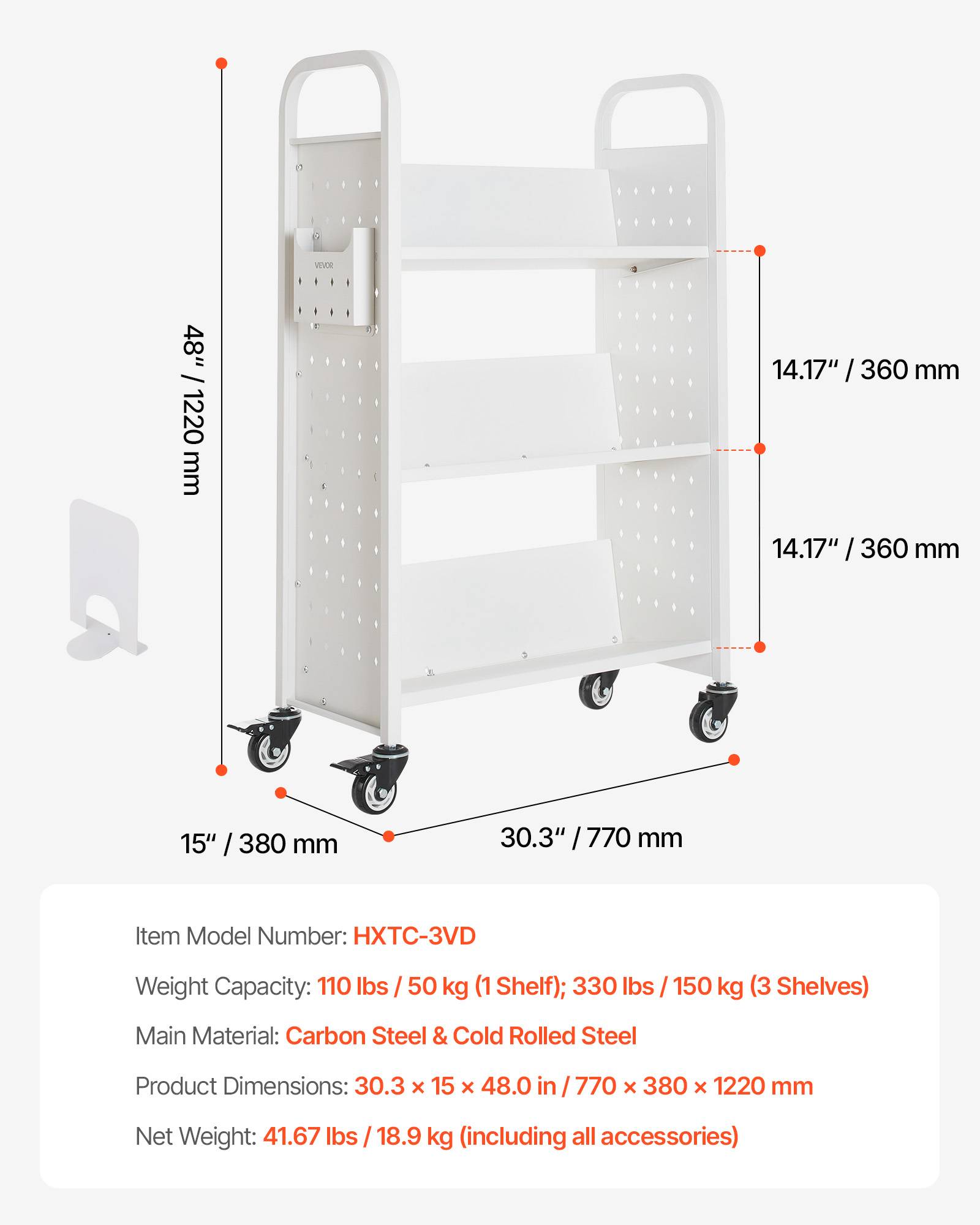 VEVOR Chariot à Livre Bibliothèque Étagère V Simple Face 150kg 77x38x122cm Blanc - Image 7