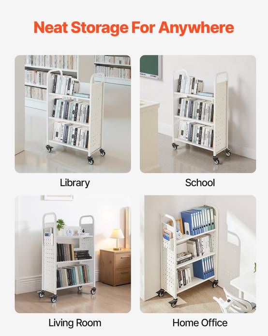 VEVOR Chariot à Livre Bibliothèque Étagère V Simple Face 150kg 77x38x122cm Blanc - Image 6