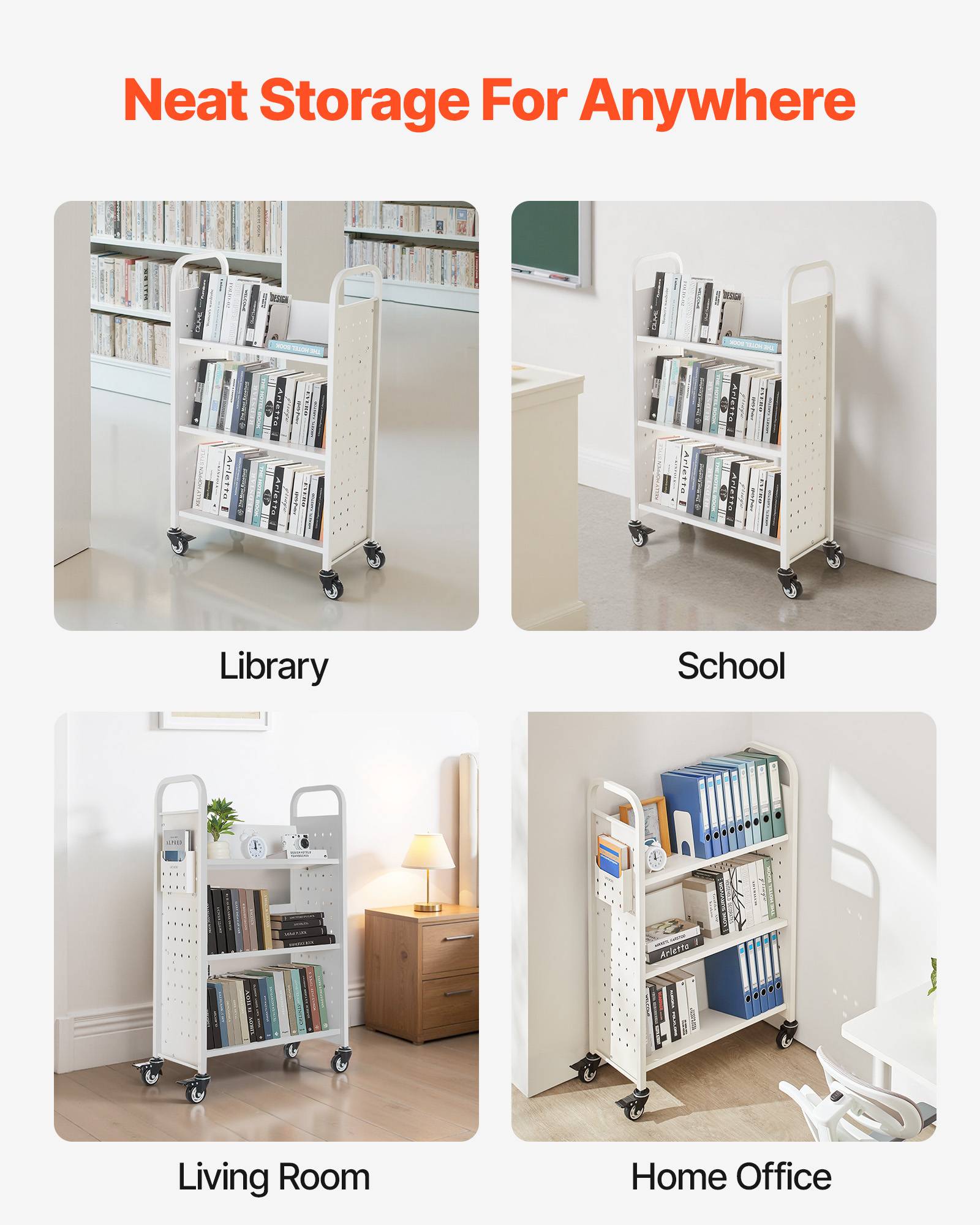 VEVOR Chariot à Livre Bibliothèque Étagère V Simple Face 150kg 77x38x122cm Blanc - Image 6