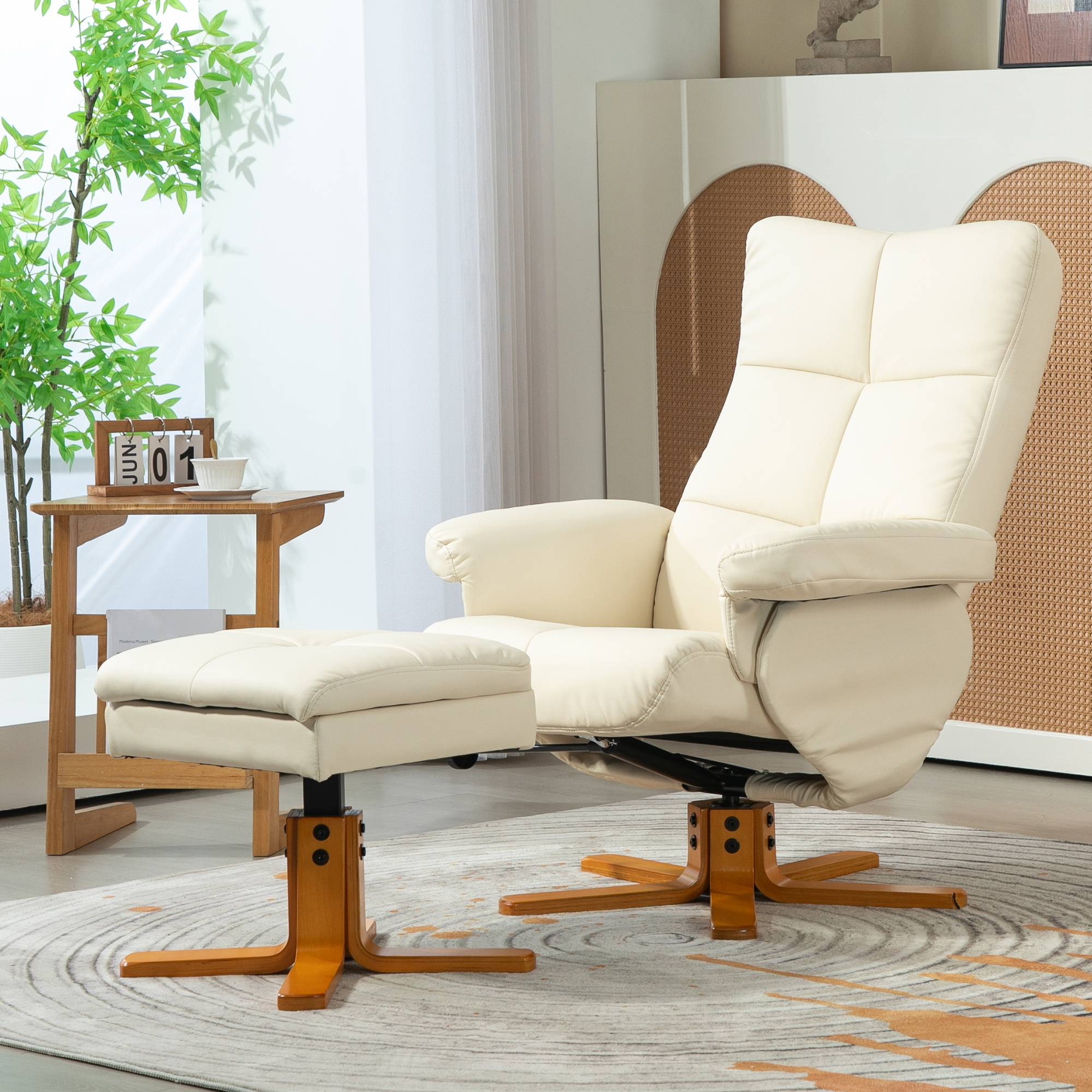 Fauteuil relax avec repose-pied, fauteuil de relaxation, pivotant à 360°, dossier inclinable, 80 x 86 x 99 cm, crème - Image 4