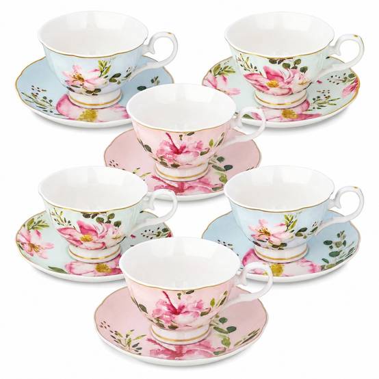 Service à Thé en Porcelaine 6 Tasses avec Soucoupes Motifs Floraux - Image 1
