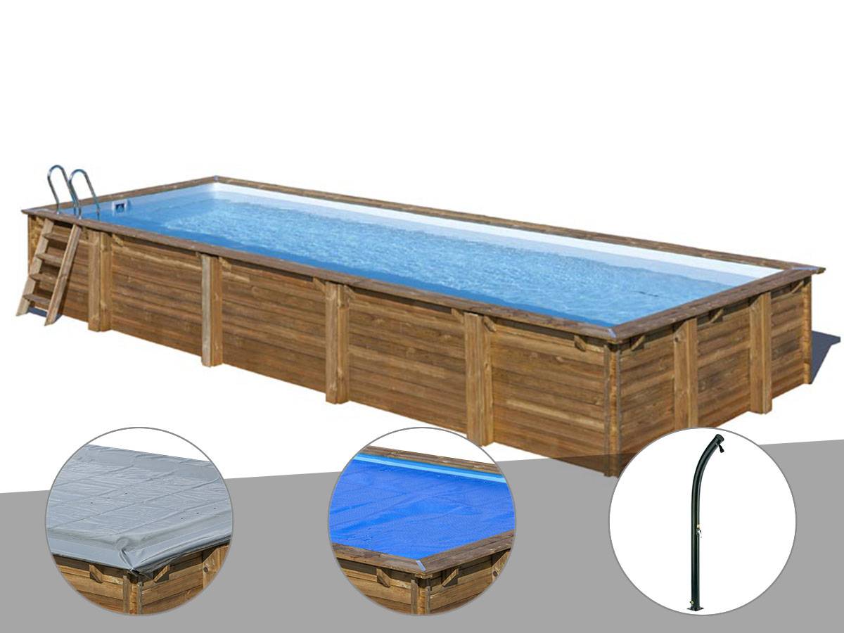 Gré - Kit piscine bois Gré Mint 10,10 x 4,18 x 1,46 m + Bâche hiver + Bâche à bulles + Douche
