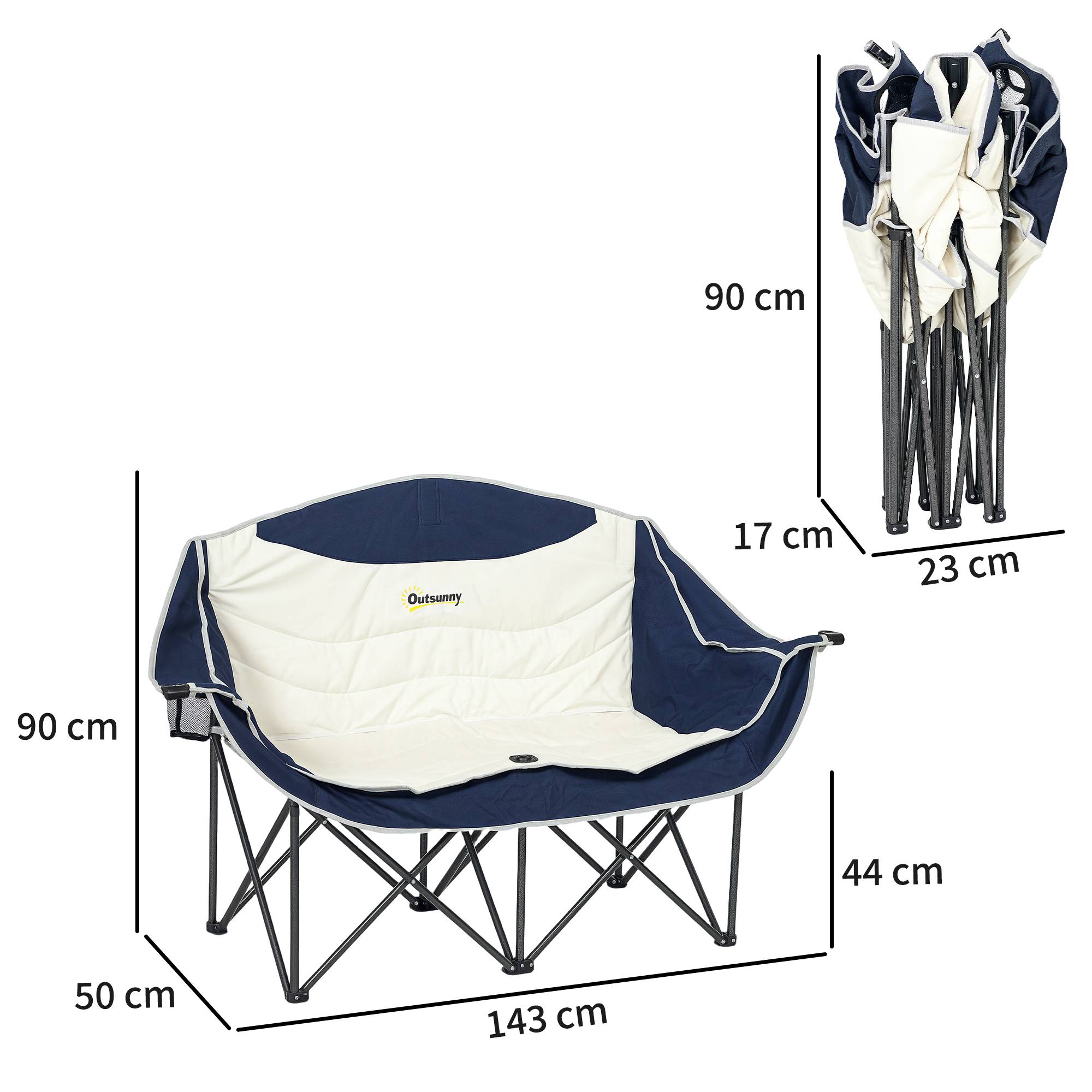 Sans Marque - Chaise pliante 2 places, porte-gobelet, sac, jusqu'à 250kg, bleu - Image 5