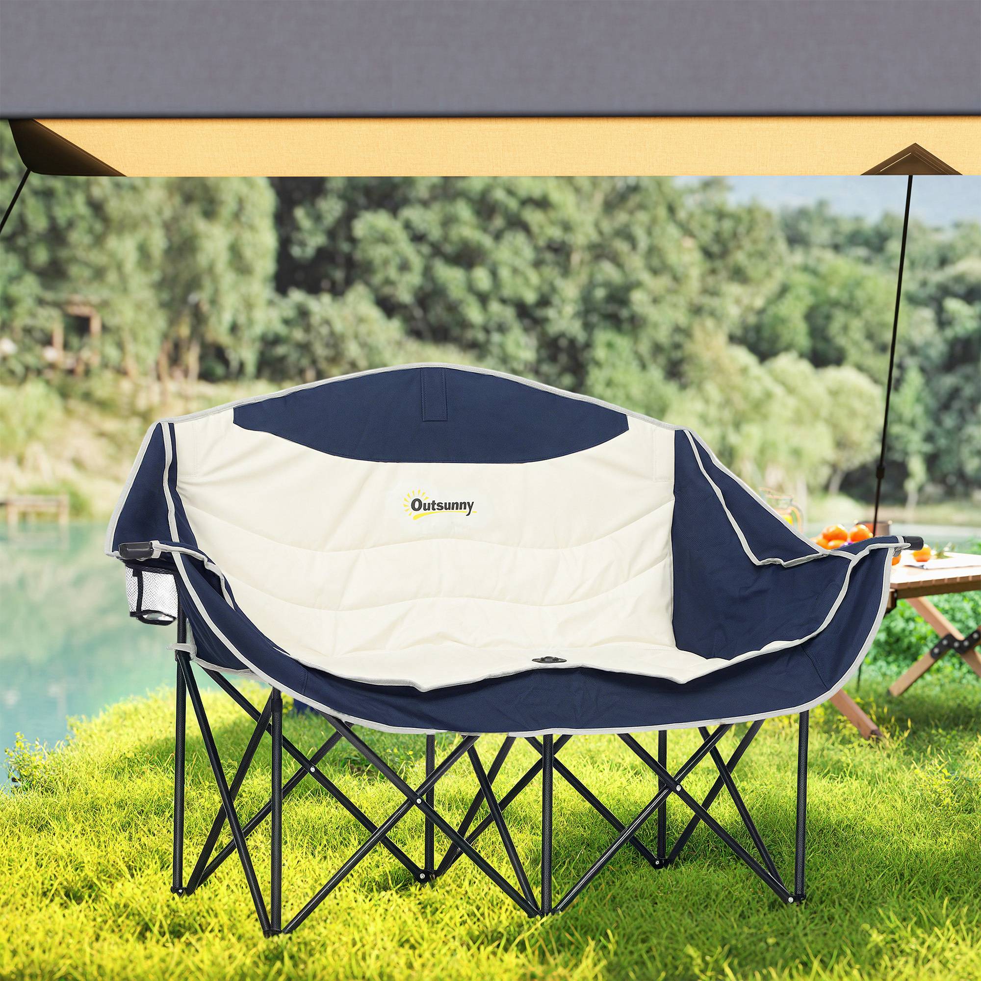 Sans Marque - Chaise pliante 2 places, porte-gobelet, sac, jusqu'à 250kg, bleu - Image 9