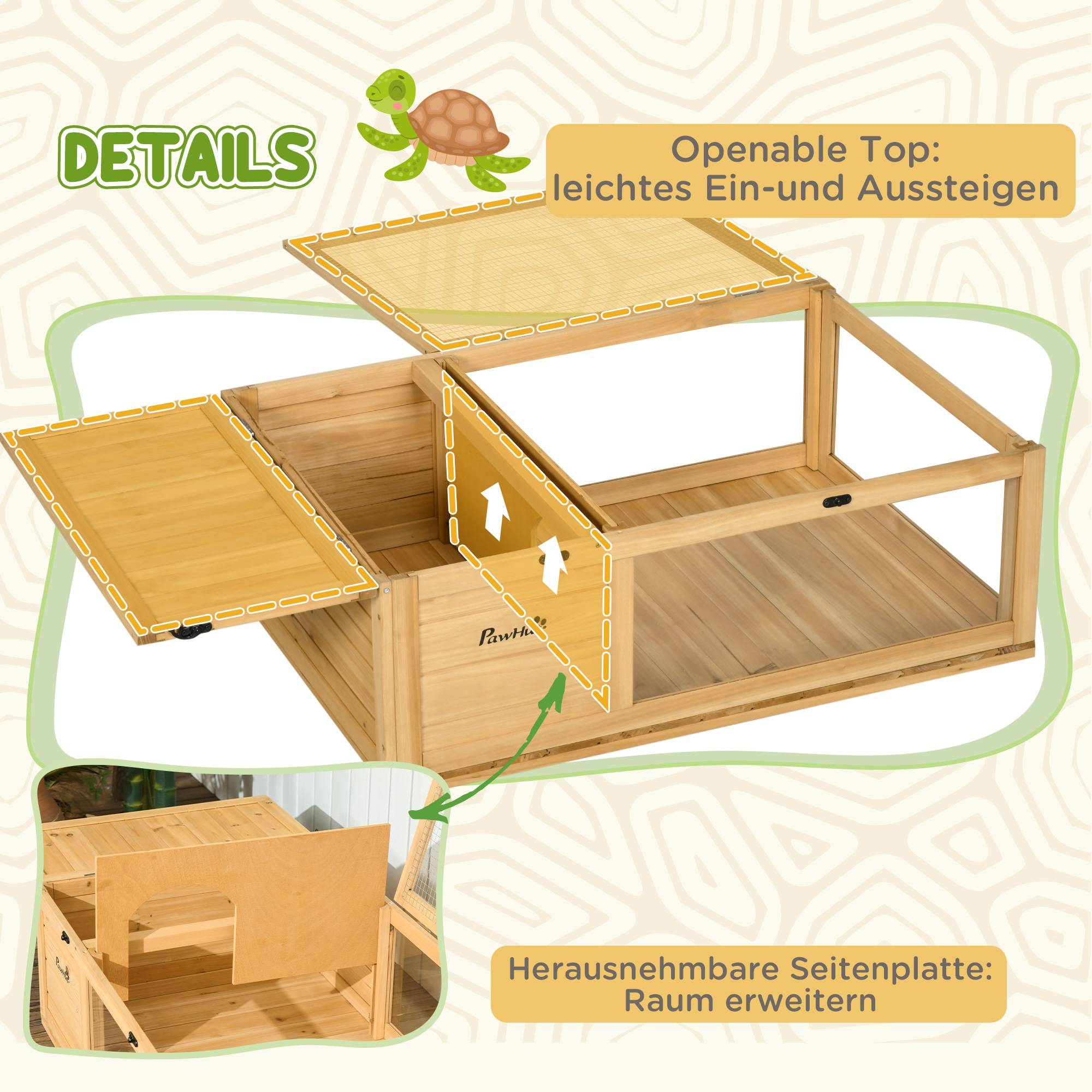 Maison tortue bois 91×60,5×32cm jaune, enclos avec logements principaux, dessus rabattable - Image 7