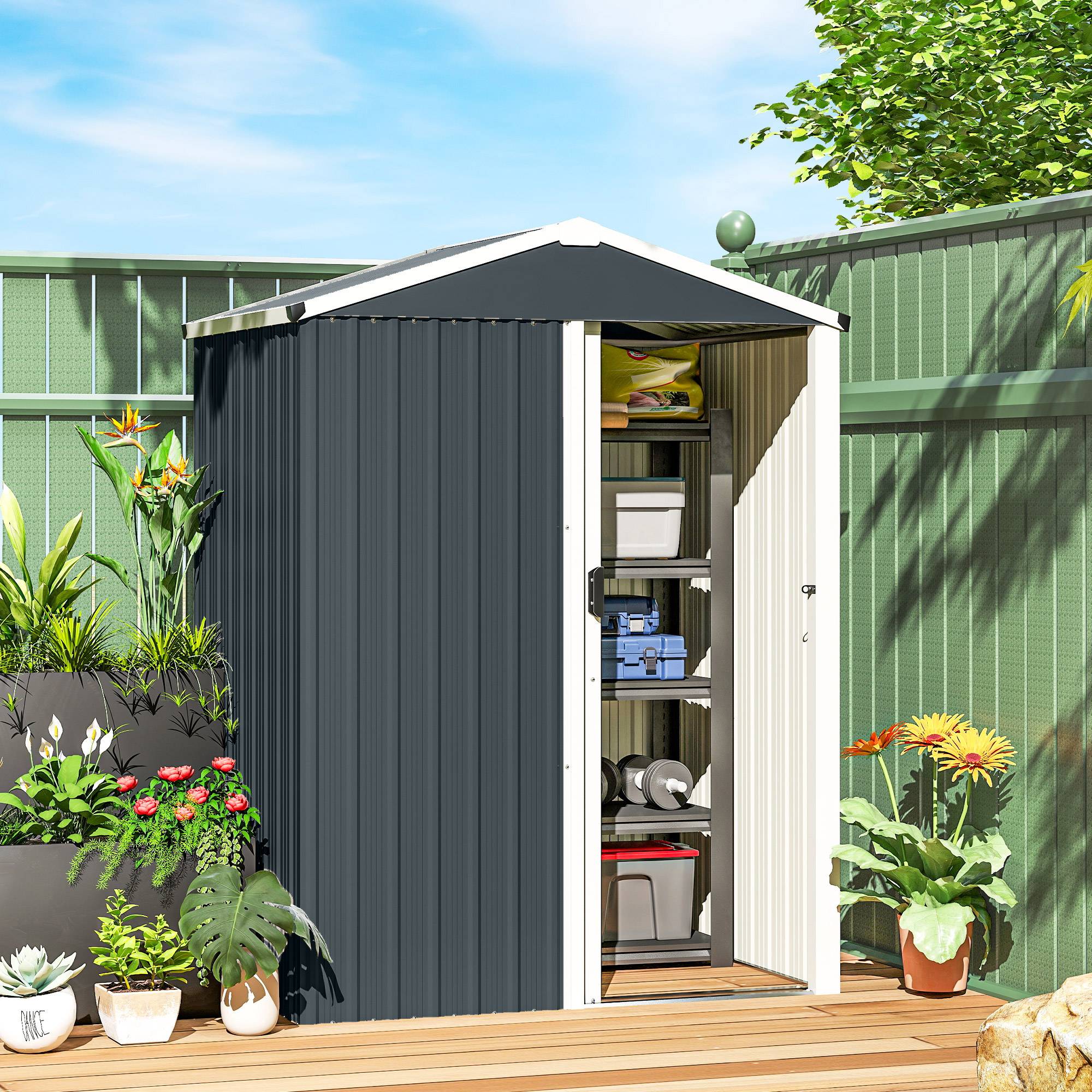 Abri de jardin métal 1,2 m² 136x87x179 cm avec porte coulissante verrouillable moustiquaire, cabanon gris - Image 4