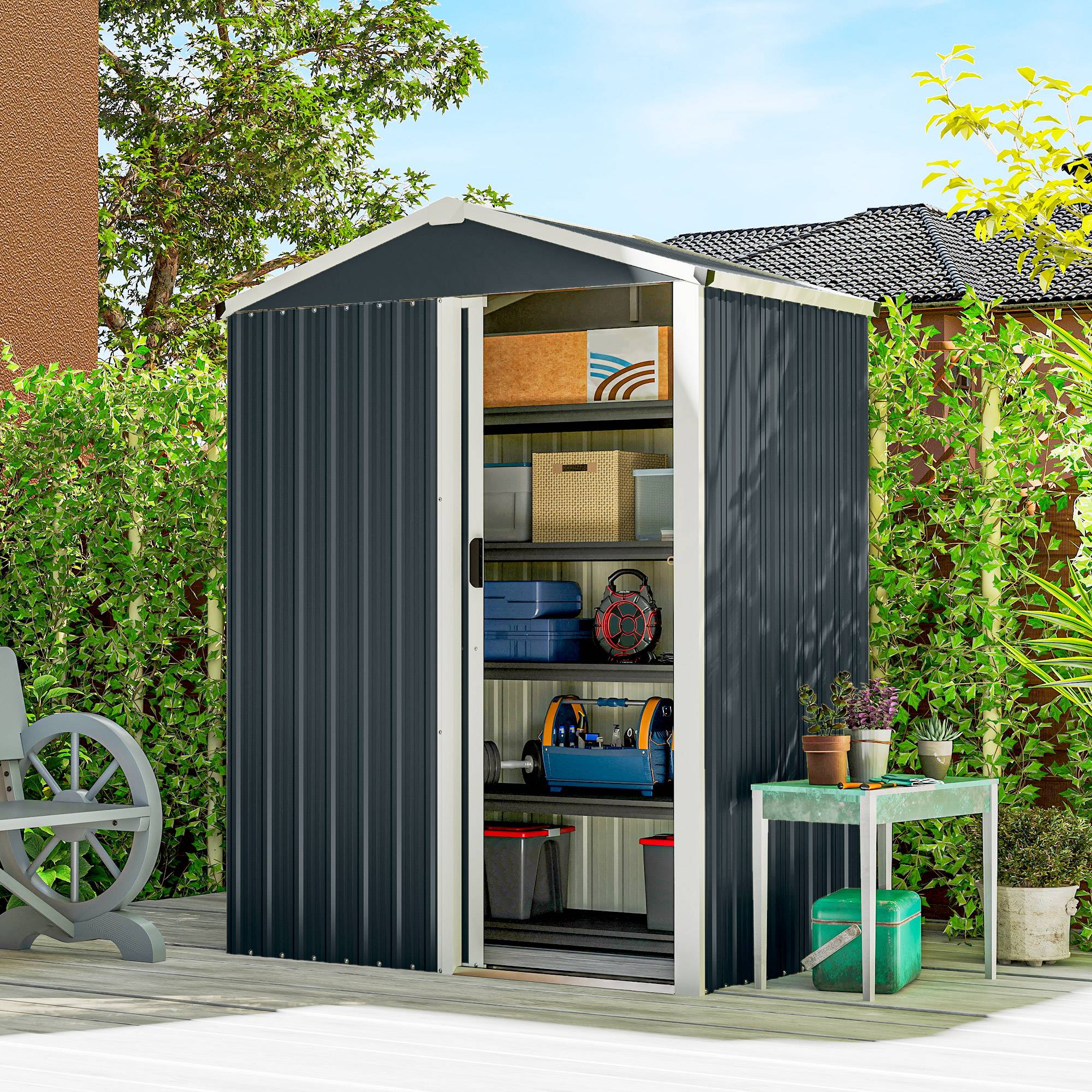 Abri de jardin métal 1,2 m² 136x87x179 cm avec porte coulissante verrouillable moustiquaire, cabanon gris - Image 3