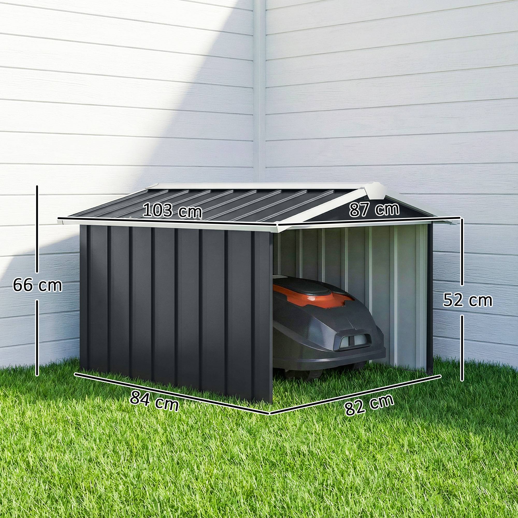 ComfortXL - Garage pour robot tondeuse en tôle d'acier grise 86 x 100 x 63 cm avec toit à double pente et auvent protecteur - Image 3