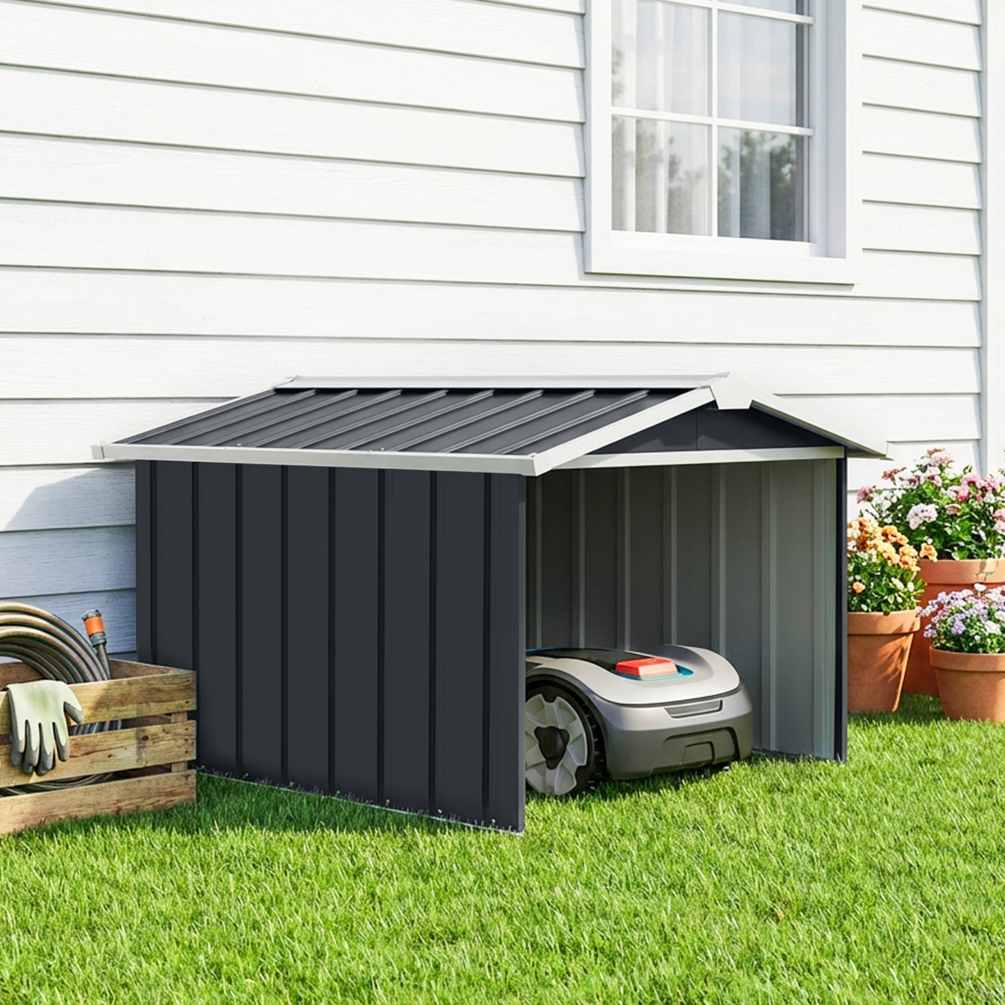 ComfortXL - Garage pour robot tondeuse en tôle d'acier grise 86 x 100 x 63 cm avec toit à double pente et auvent protecteur - Image 1