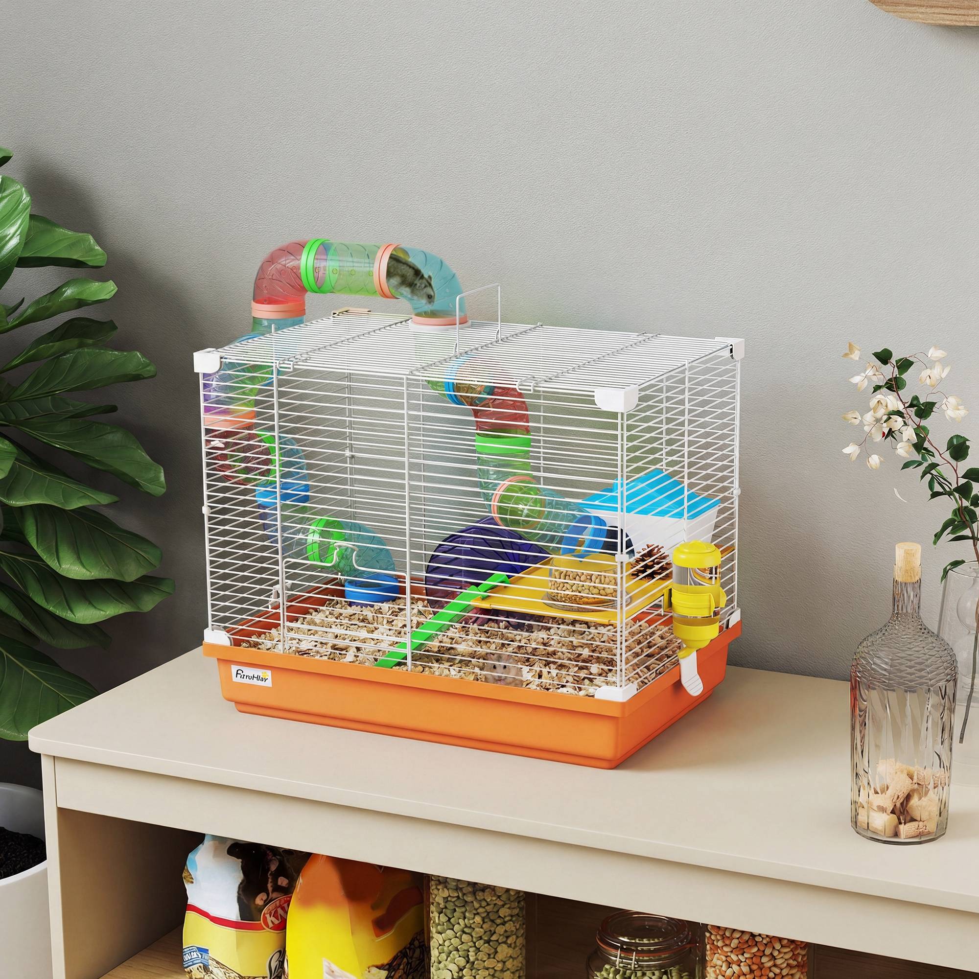 Sans Marque - Cage hamster tunnel gamelle biberon maisonnette rampe roue exercice plateau amovible 46x30x37 cm orange - Image 3