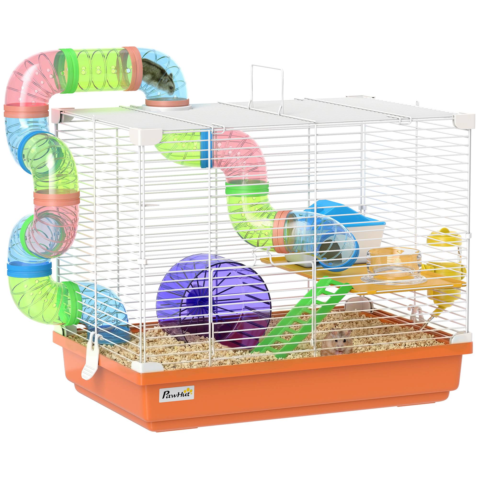 Sans Marque - Cage hamster tunnel gamelle biberon maisonnette rampe roue exercice plateau amovible 46x30x37 cm orange - Image 1