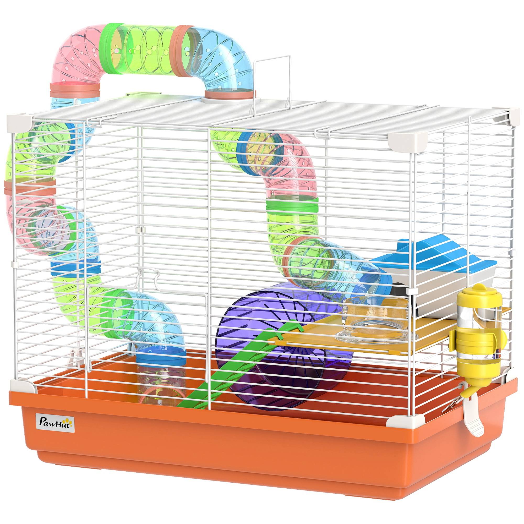 Sans Marque - Cage hamster tunnel gamelle biberon maisonnette rampe roue exercice plateau amovible 46x30x37 cm orange - Image 2