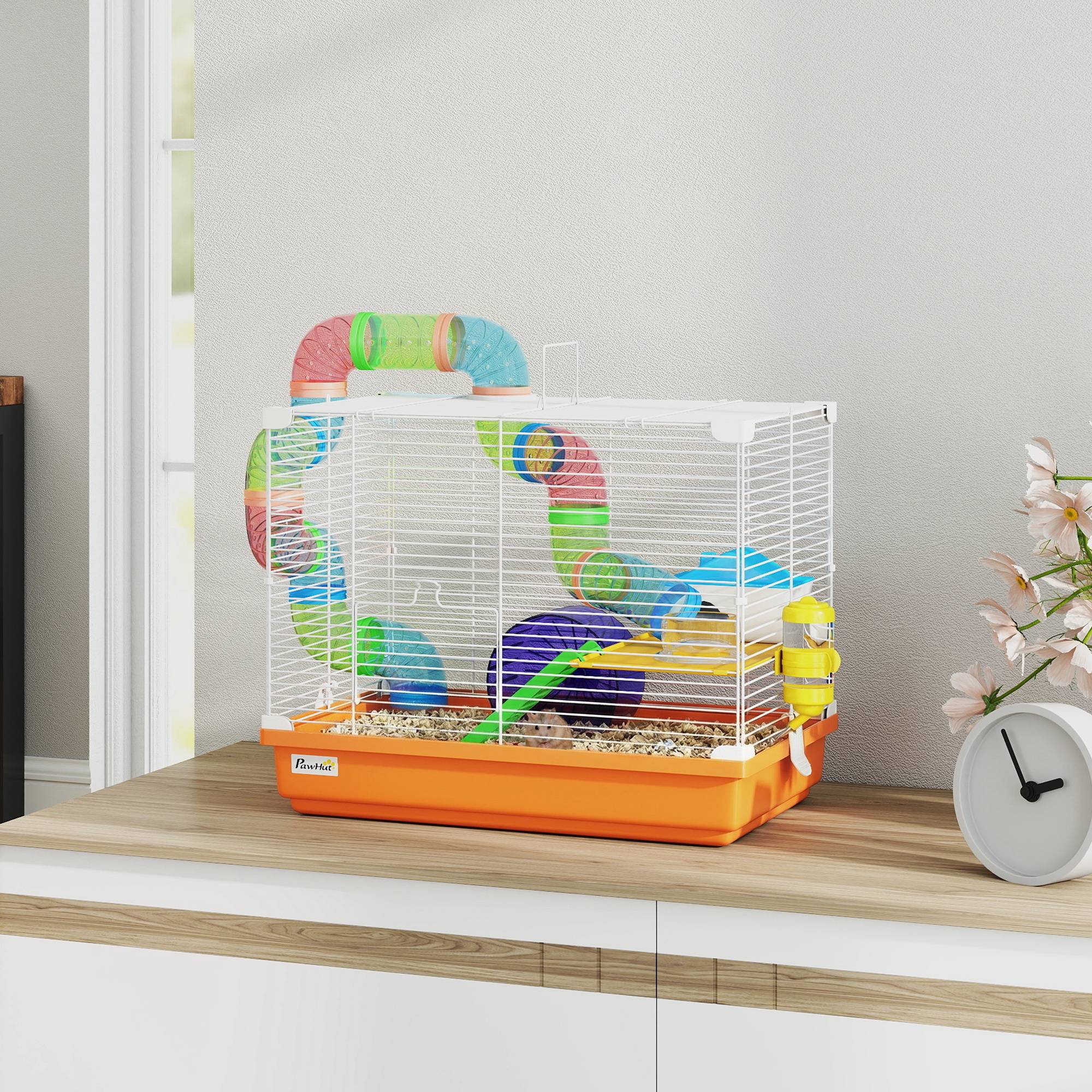 Sans Marque - Cage hamster tunnel gamelle biberon maisonnette rampe roue exercice plateau amovible 46x30x37 cm orange - Image 4