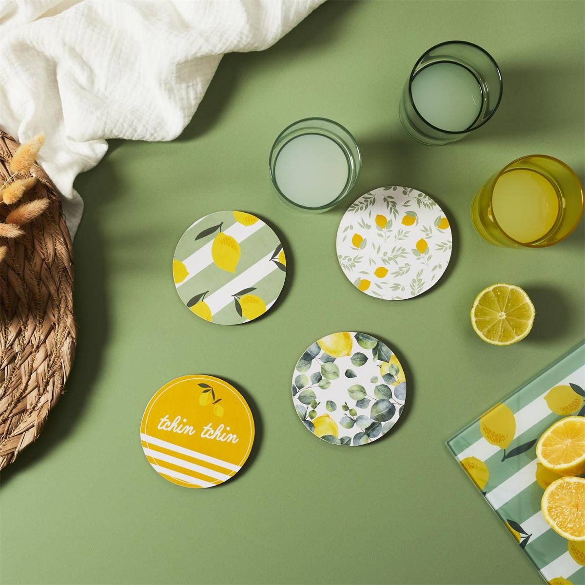 The Home Deco Factory - Lot de 4 Dessous de Verre "Bain de Soleil" 10cm Vert & Jaune - Image 7