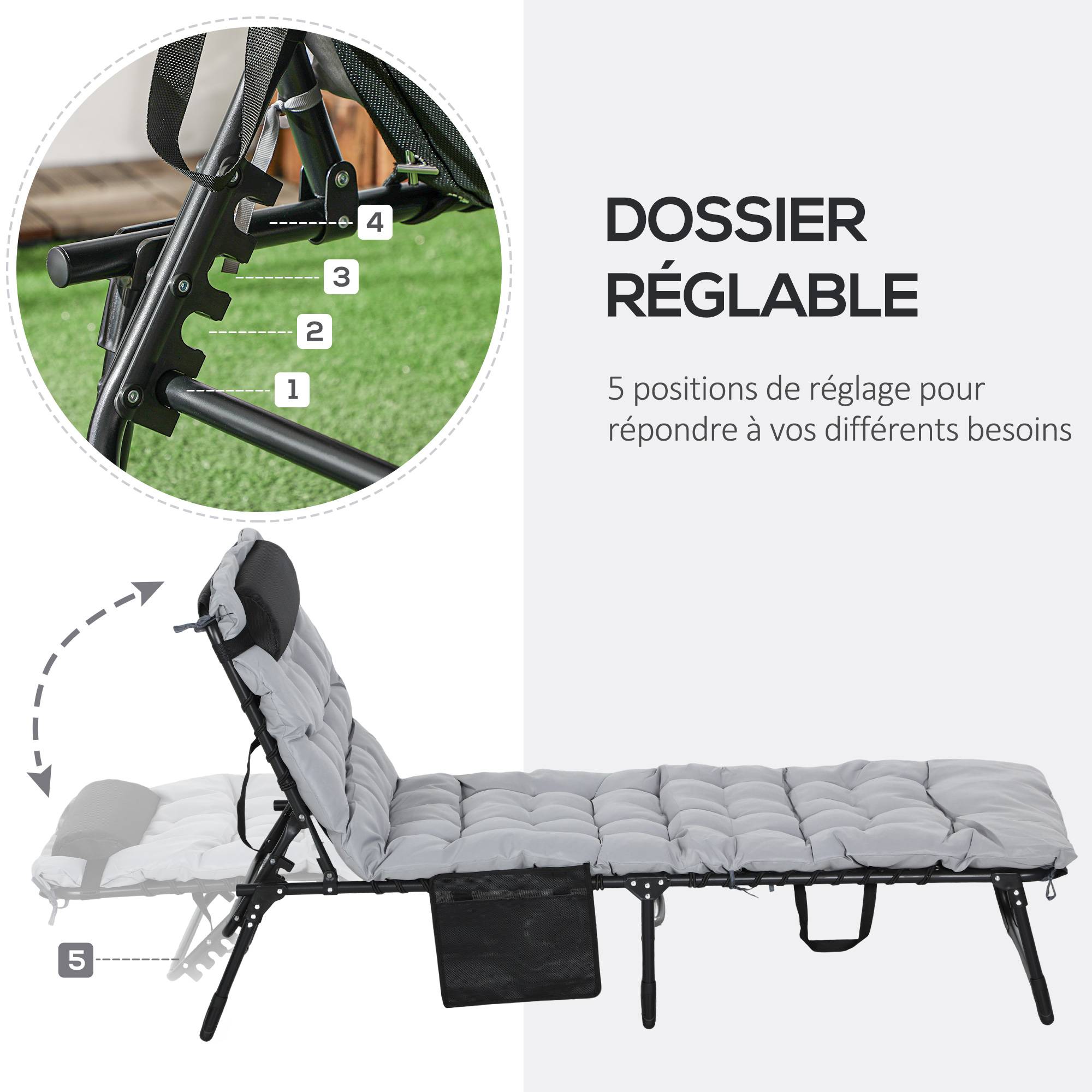 Bain de soleil chaise longue pliante avec coussin appuie-tête, 189x58x32.5cm Polyester Gris clair fr17 - Image 6