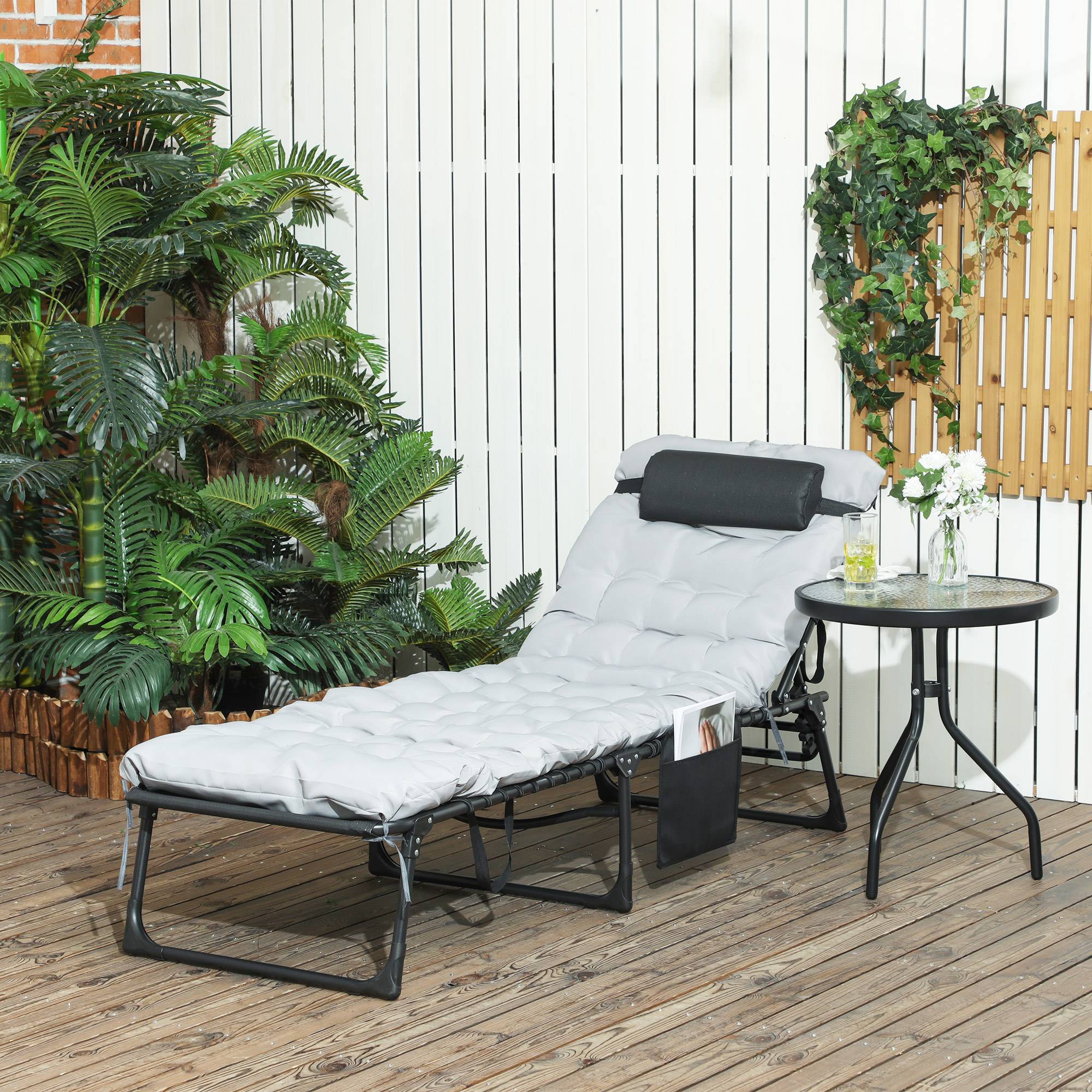Bain de soleil chaise longue pliante avec coussin appuie-tête, 189x58x32.5cm Polyester Gris clair fr17 - Image 3