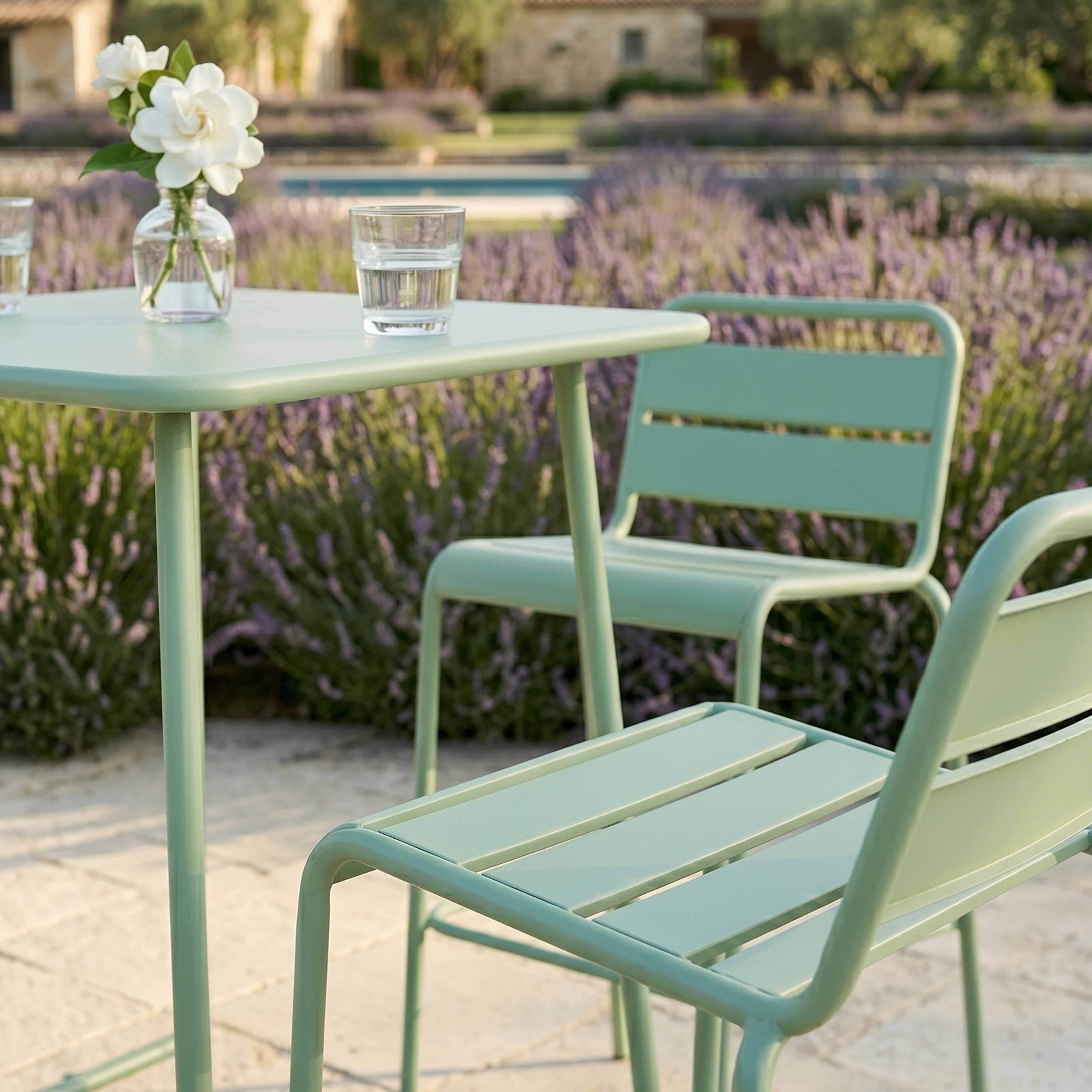 Oviala - Ensemble table de bar et 2 chaises hautes en métal vert sauge Palavas - Oviala - Image 3