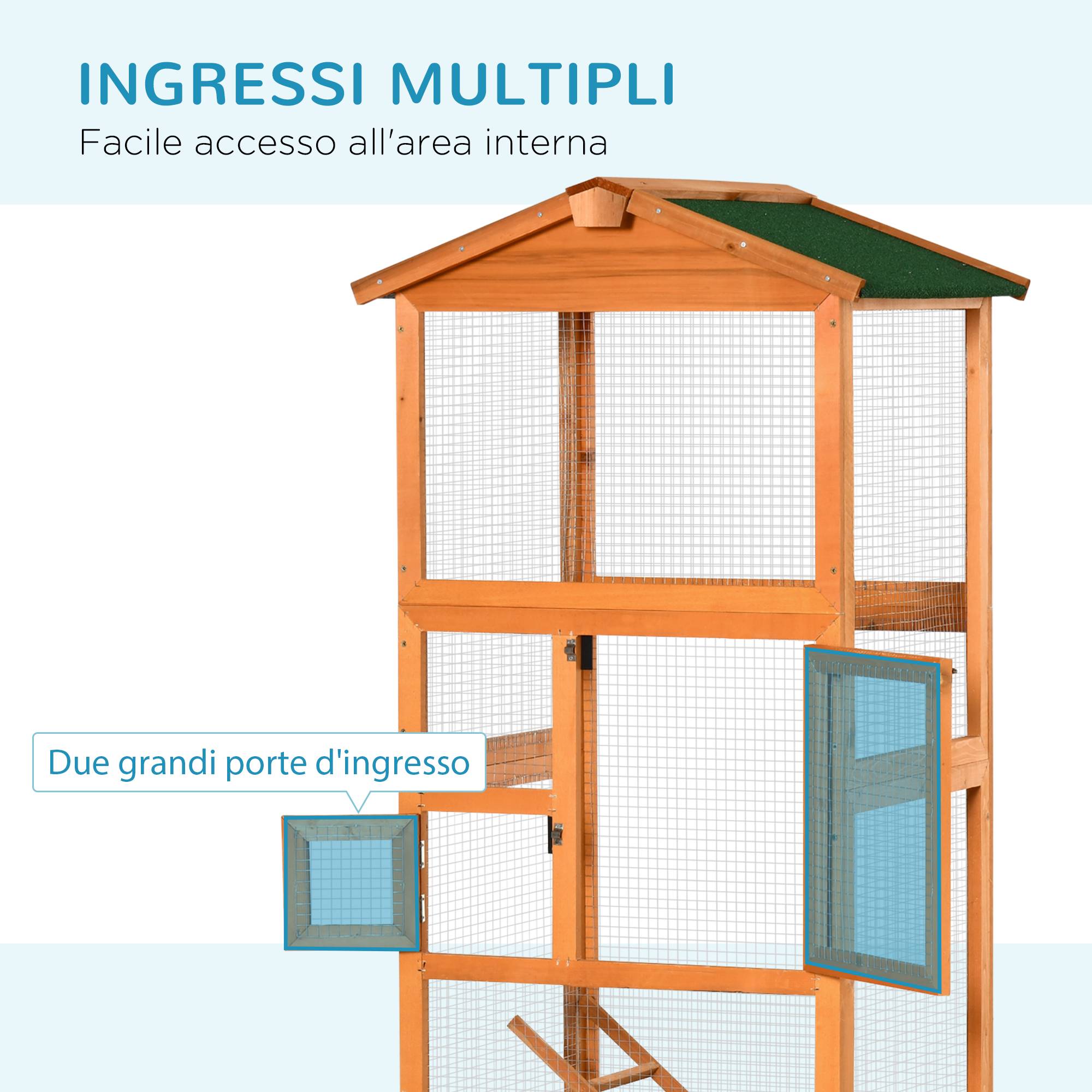 Cage pour oiseaux haute 165 cm en bois d'extérieur avec 2 portes et bac amovible, orange - Image 7