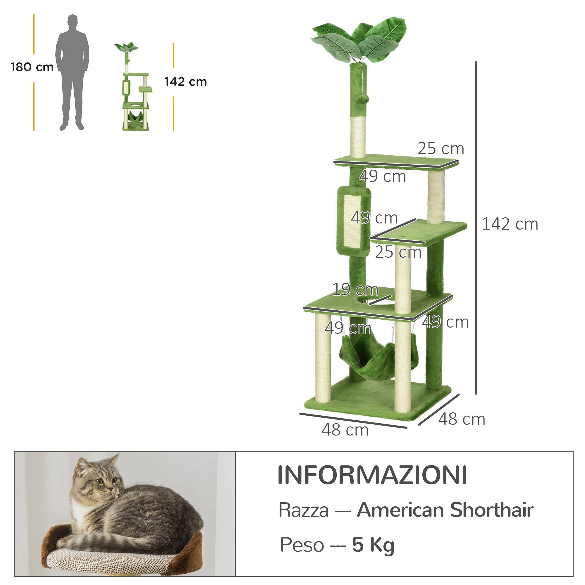 Sans Marque - Arbre à chat hamac balle griffoir sisal structure chat intérieur 49 x 49 x 142 cm vert - Image 5
