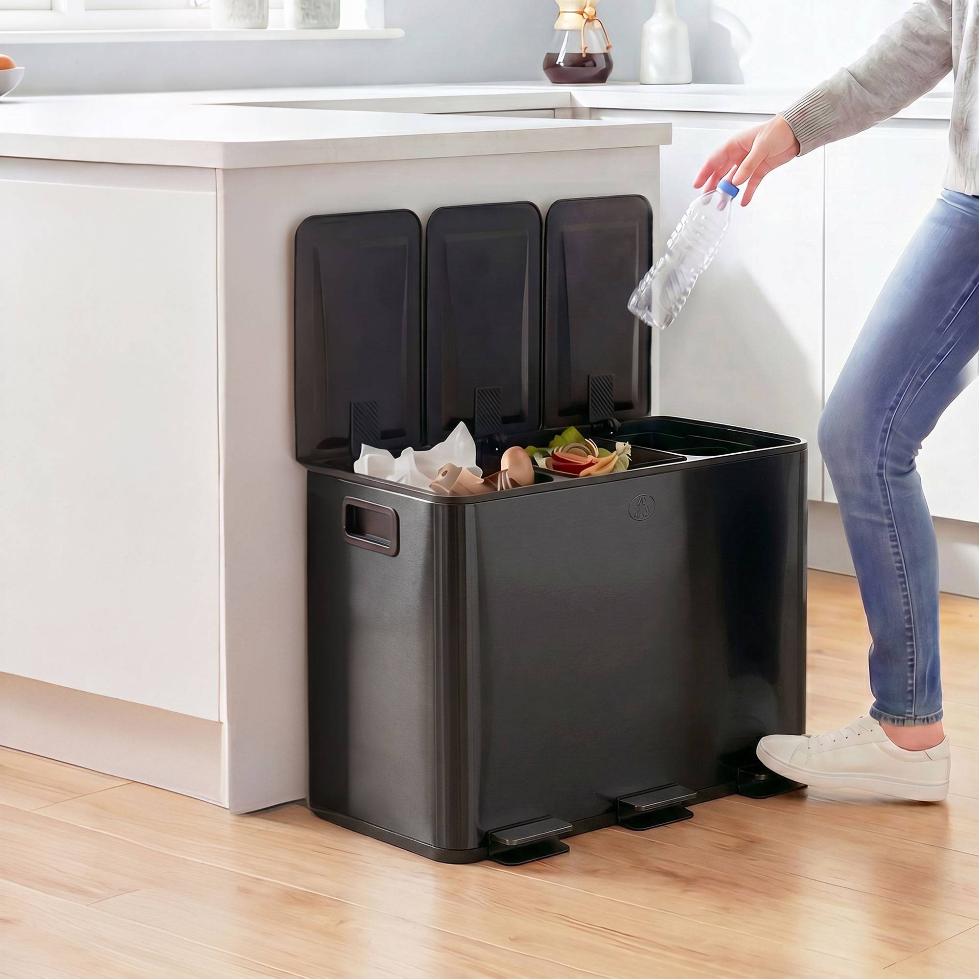 Sans Marque - Plateau cuisine acier inoxydable 3 compartiments 3x15 L pédales souples tapas cube supplémentaire noir - Image 3