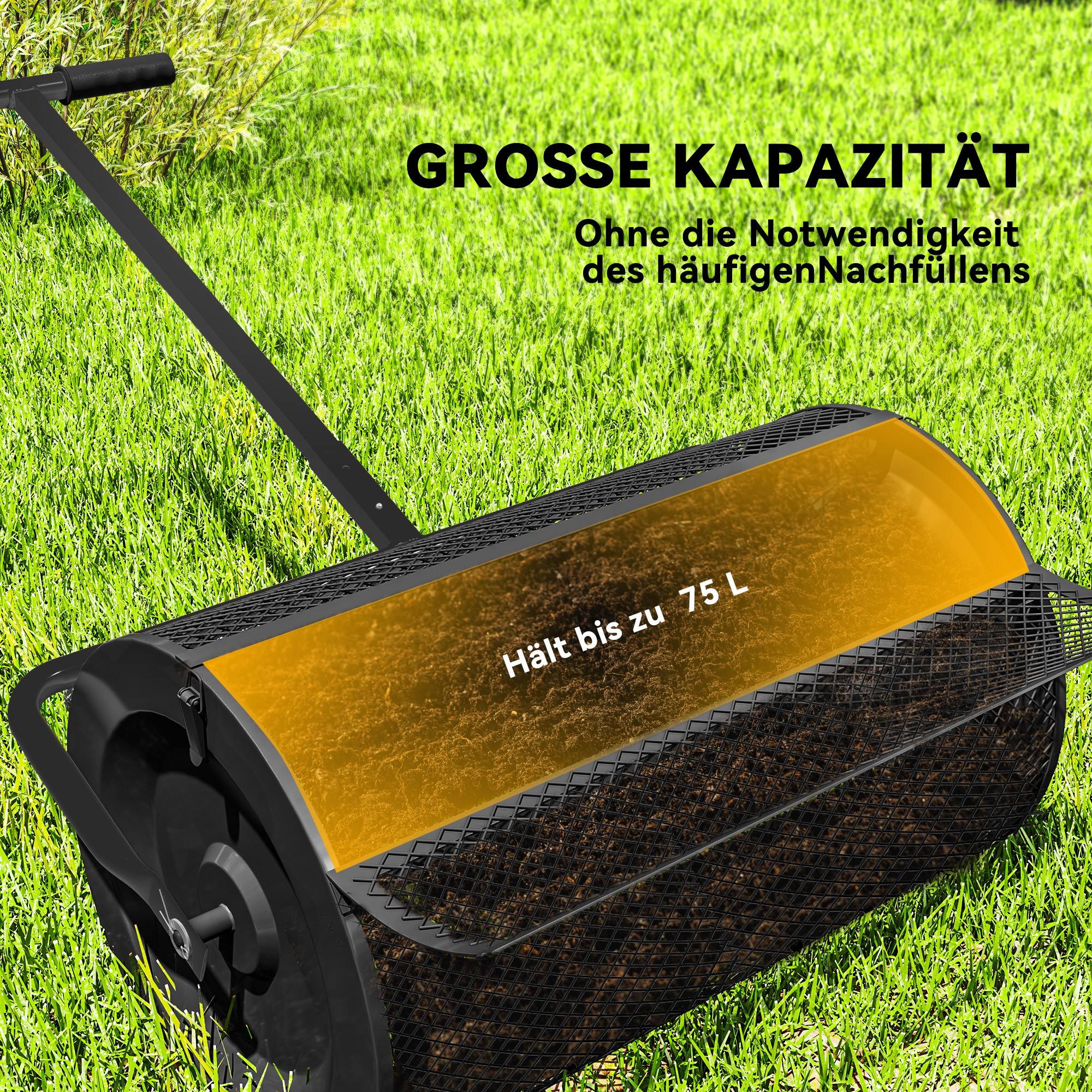 ComfortXL - Épandeur de compost métal noir 75 L 70 x 40 x 112 cm rouleau grillagé avec poignée réglable pour pelouse - Image 4