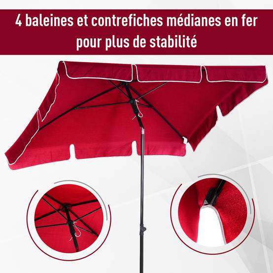 Parasol droit rectangulaire inclinable en aluminium et métal rouge 198 x 130 x 250 cm - PANGIVO - Image 9