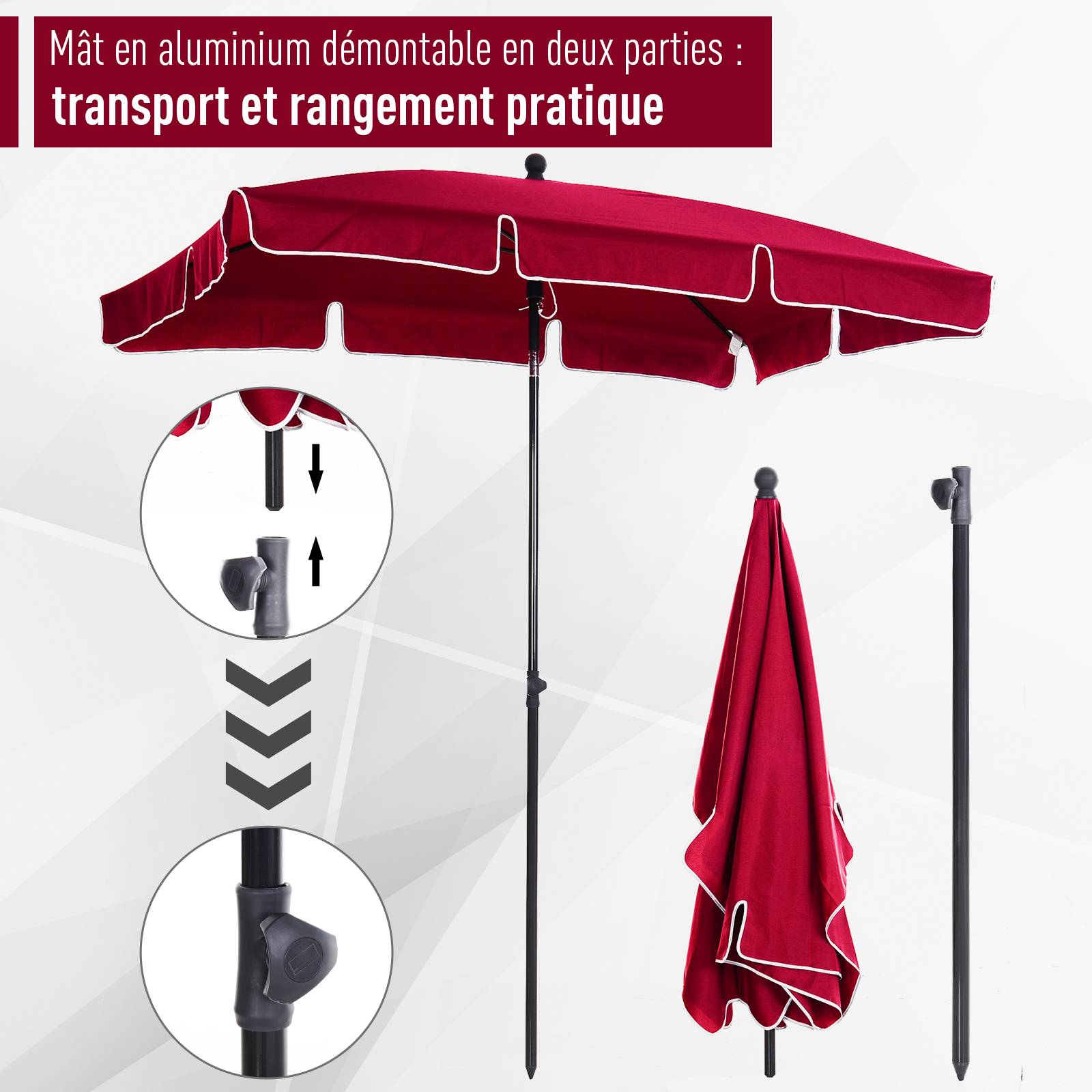 Parasol droit rectangulaire inclinable en aluminium et métal rouge 198 x 130 x 250 cm - PANGIVO - Image 7