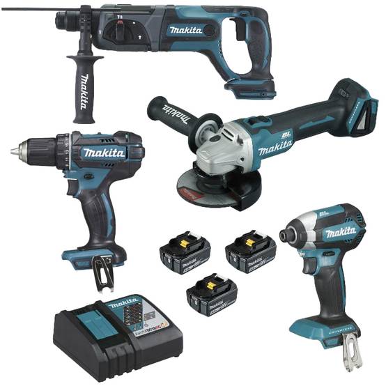 Ensemble de 4 machines 18 V LXT - Meuleuse DGA504 + Perceuse DDF482 + Perfo DHR241 + Visseuse DTD153 - MAKITA - 3 batteries 18V 5.0Ah, chargeur rapide - Image 1
