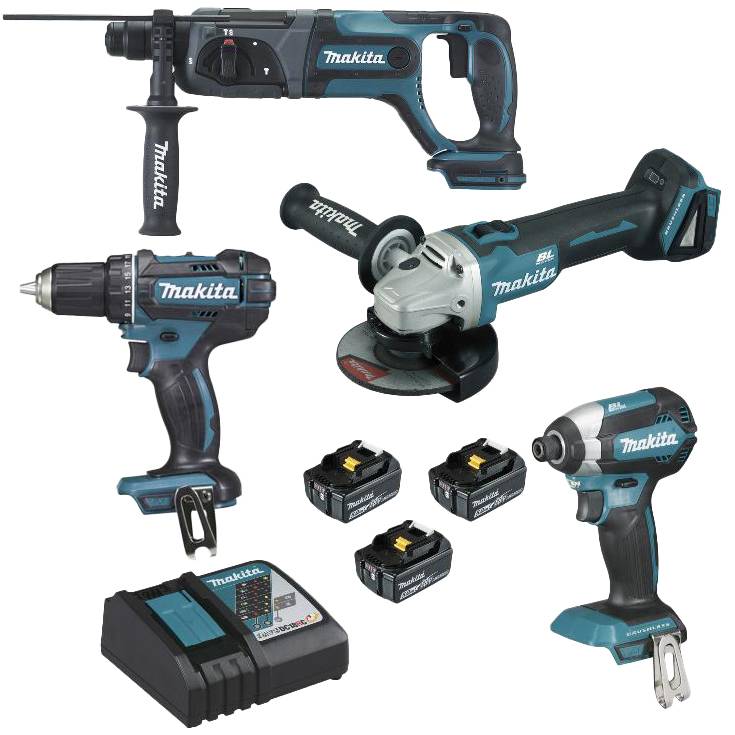 Ensemble de 4 machines 18 V LXT - Meuleuse DGA504 + Perceuse DDF482 + Perfo DHR241 + Visseuse DTD153 - MAKITA - 3 batteries 18V 5.0Ah, chargeur rapide - Image 1
