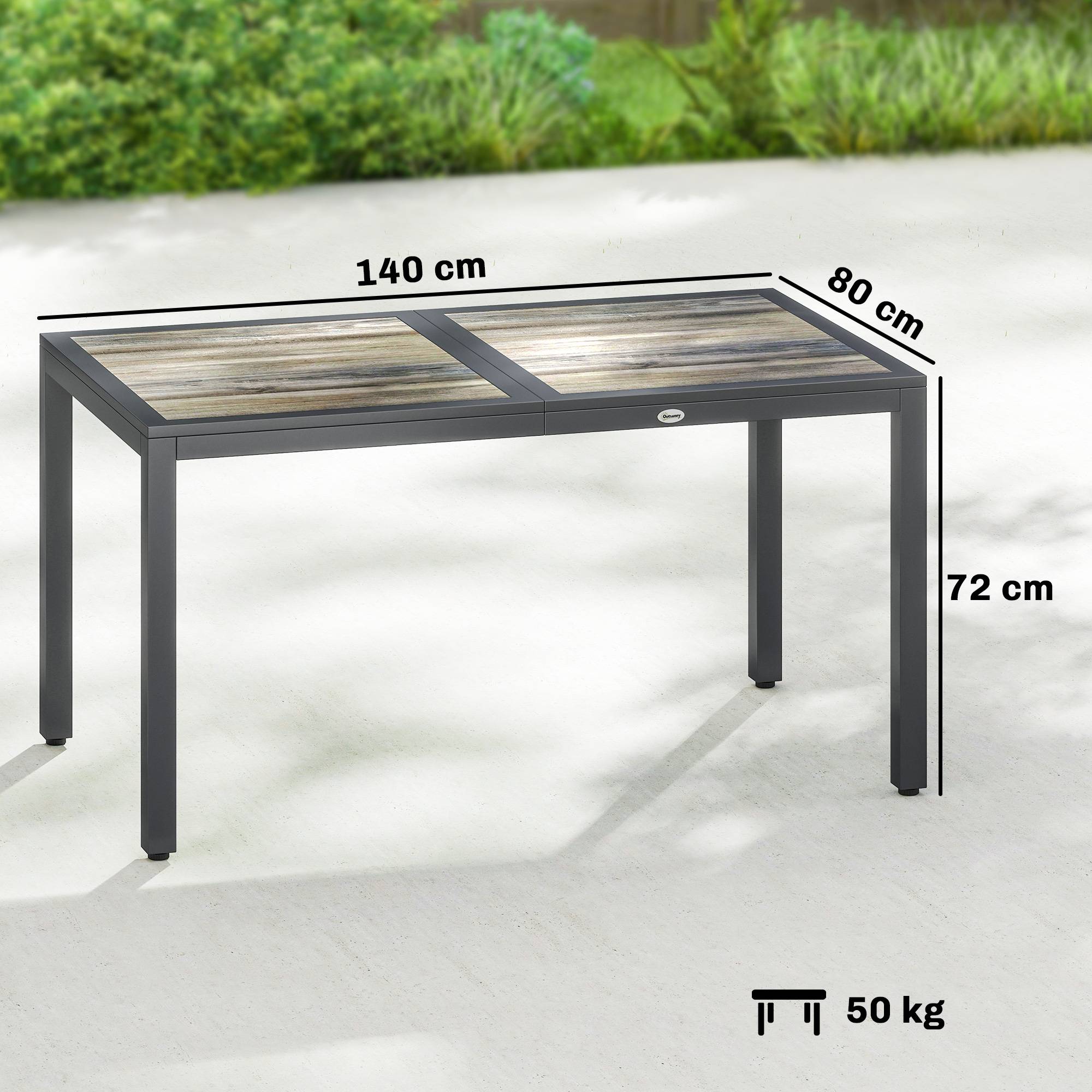 Table de jardin pour 4 à 6 personnes, table à manger extérieure avec plateau à effet bois, 140 x 80 x 72 cm, gris foncé - Image 5