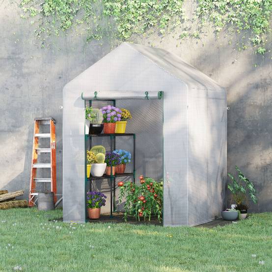 Serre de jardin PE 2 niveaux 143x143x195 cm avec étagères, bâche renforcée 140 g/m², structure acier, porte zippée, blanc - Image 4