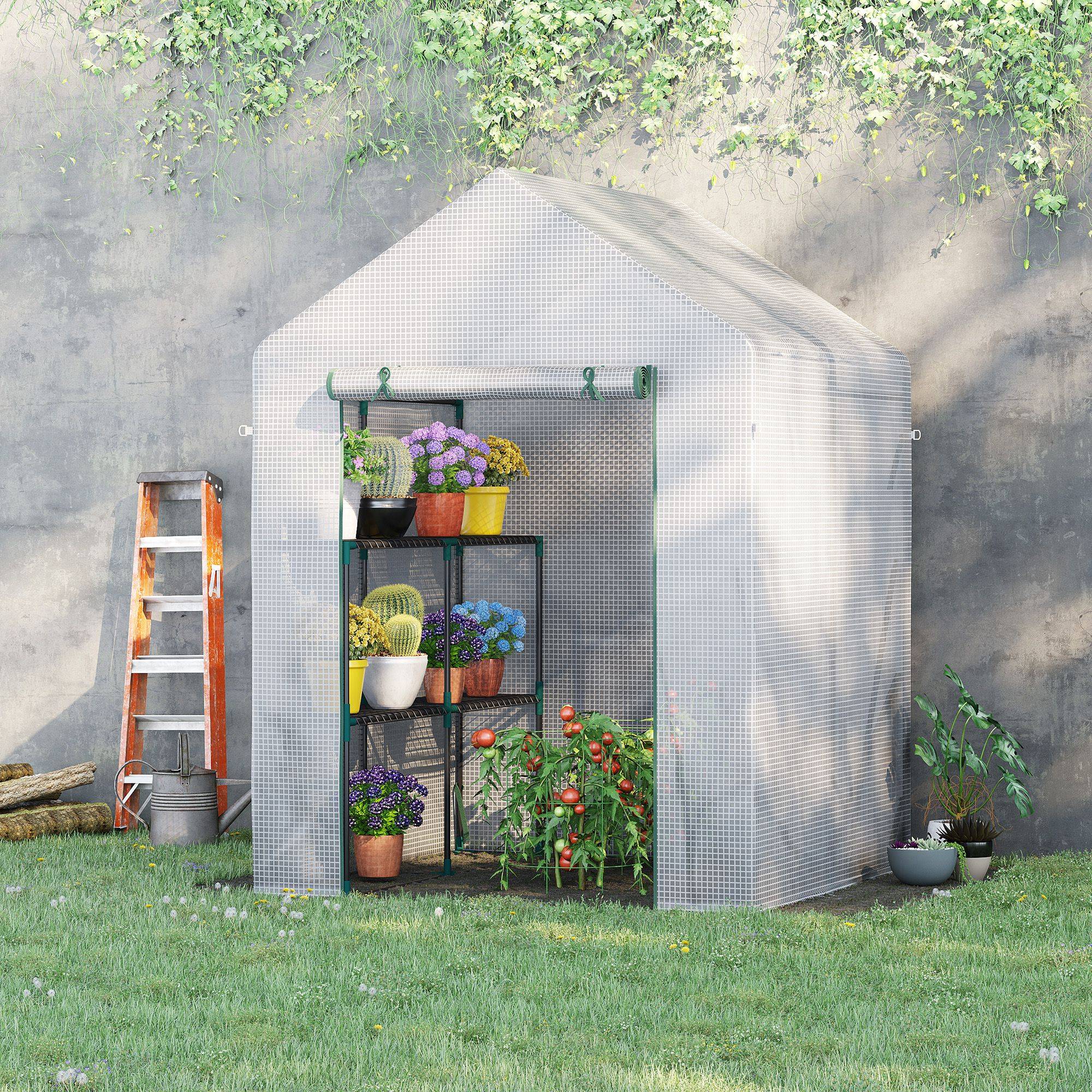 Serre de jardin PE 2 niveaux 143x143x195 cm avec étagères, bâche renforcée 140 g/m², structure acier, porte zippée, blanc - Image 4
