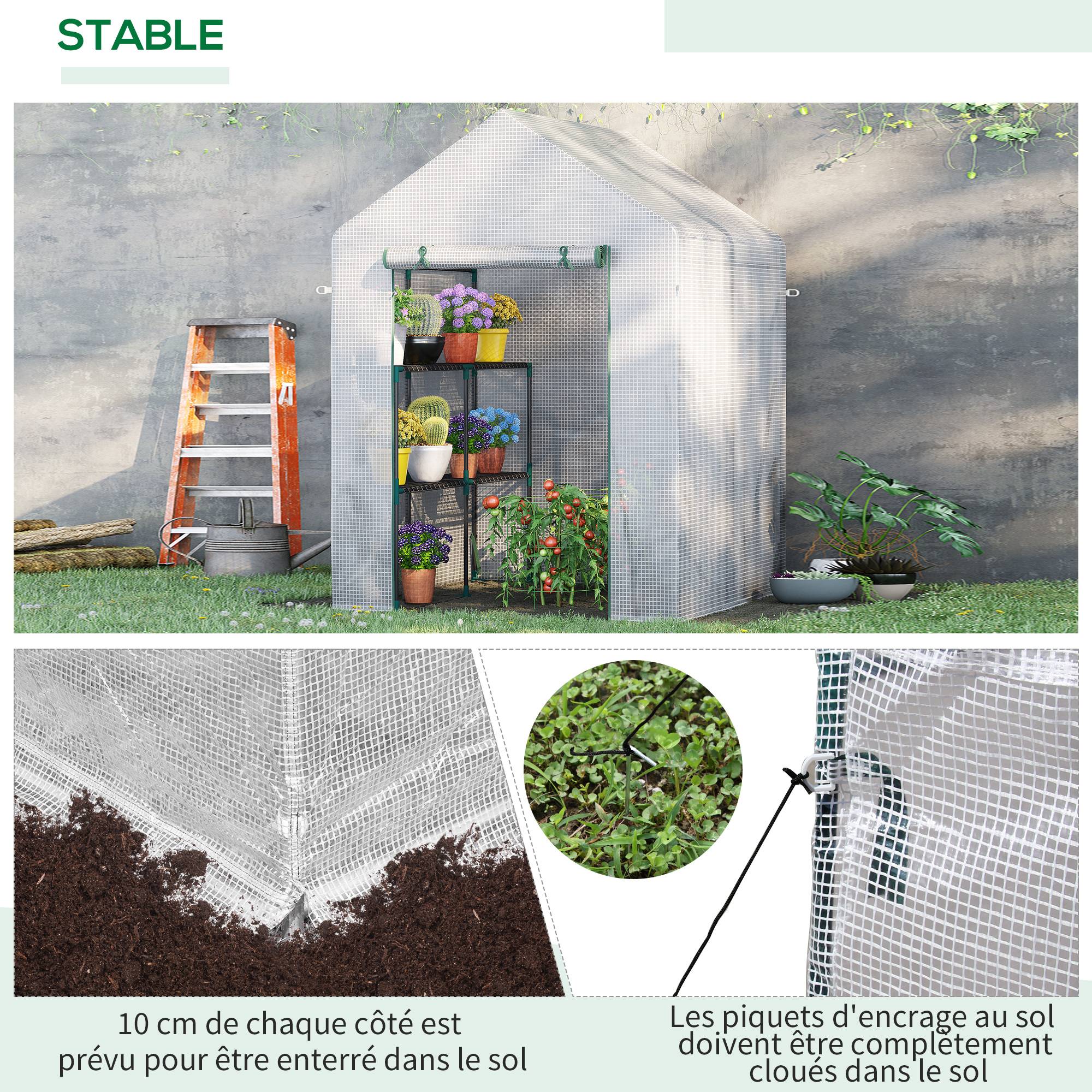 Serre de jardin PE 2 niveaux 143x143x195 cm avec étagères, bâche renforcée 140 g/m², structure acier, porte zippée, blanc - Image 9