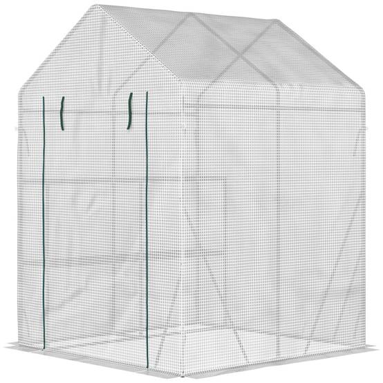 Serre de jardin PE 2 niveaux 143x143x195 cm avec étagères, bâche renforcée 140 g/m², structure acier, porte zippée, blanc - Image 2
