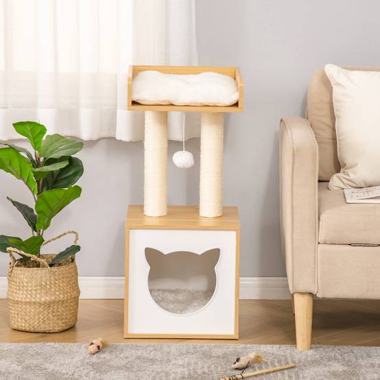 Arbre à Chat Niche Bois Chêne Sisal Repos Jeu Soin Griffes 35x35x81cm - ComfortXL Outdoor Living - Image 10