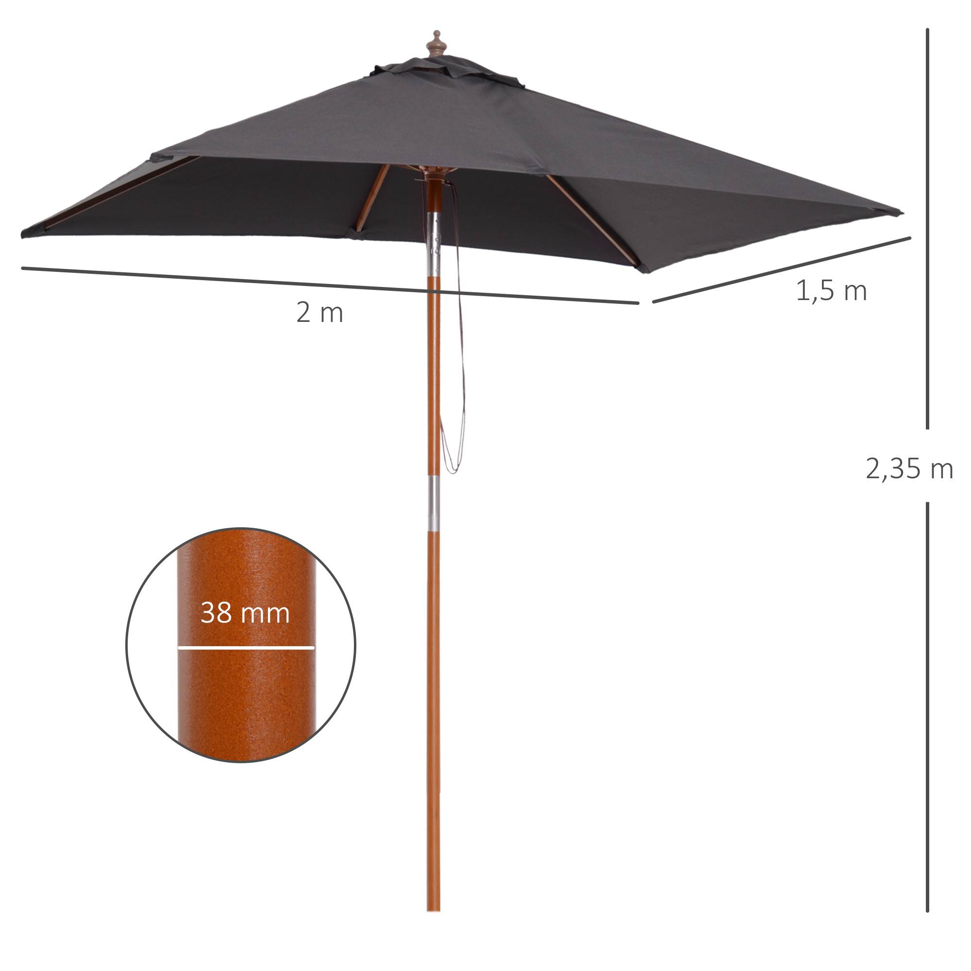 Parasol de jardin rectangulaire 200 x 150 x 235 cm, inclinable, avec traitement anti-UV et mât en bois, pour terrasse ou patio, gris foncé - Image 5