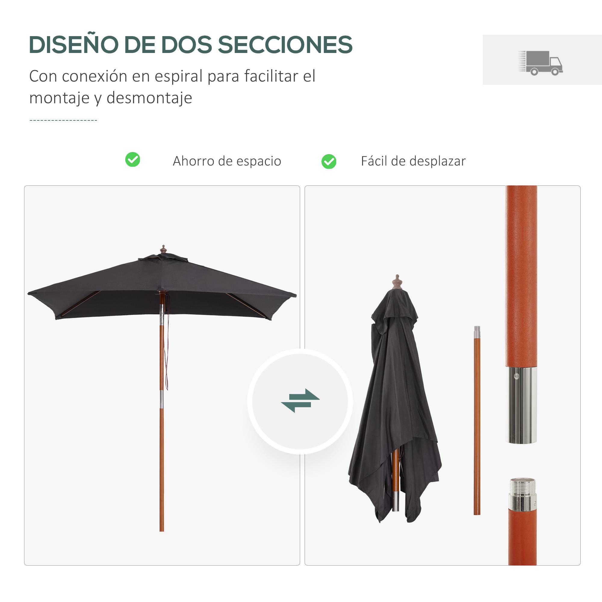 Parasol de jardin rectangulaire 200 x 150 x 235 cm, inclinable, avec traitement anti-UV et mât en bois, pour terrasse ou patio, gris foncé - Image 9