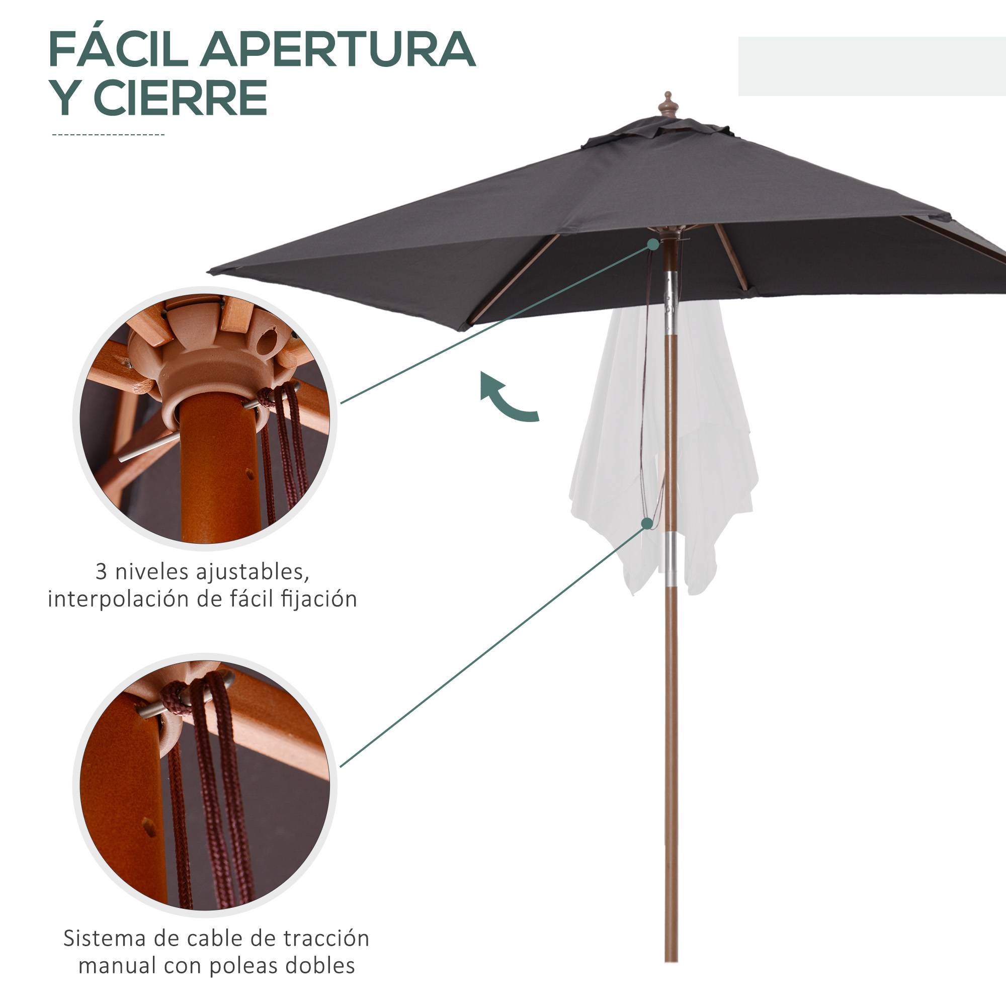 Parasol de jardin rectangulaire 200 x 150 x 235 cm, inclinable, avec traitement anti-UV et mât en bois, pour terrasse ou patio, gris foncé - Image 8