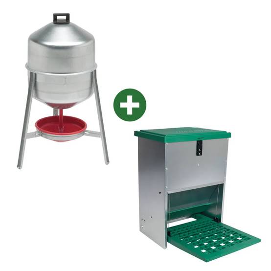 Abreuvoir métal galvanisé 30 L + Mangeoire à trémie anti nuisibles Feedomatic 20kg - Image 1