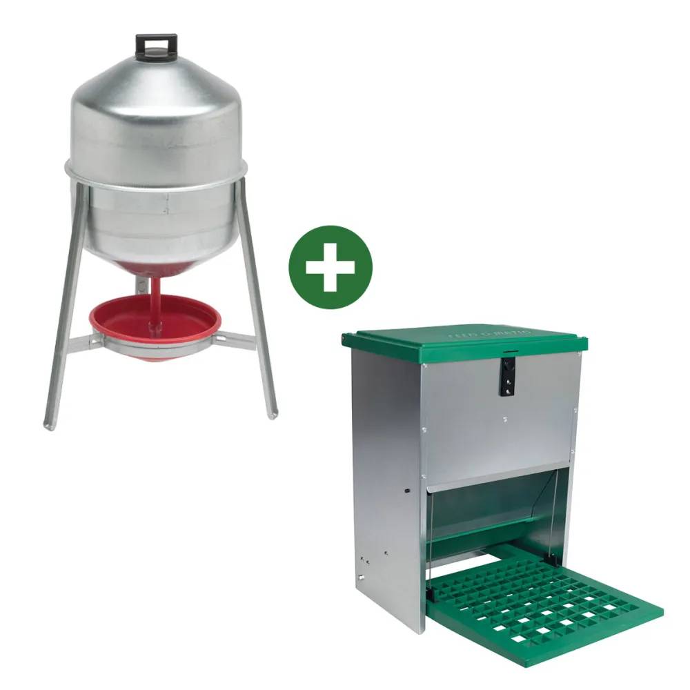 Abreuvoir métal galvanisé 30 L + Mangeoire à trémie anti nuisibles Feedomatic 20kg - Image 1