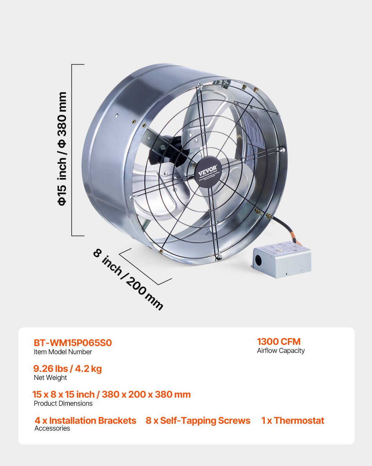 Vevor - VEVOR Ventilateur extraction grenier 380x200mm, 1300 CFM, thermostat, maille, garage. - Image 7